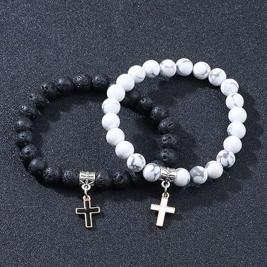 Matte Lava Rock Beaded Couple Bracelet Set for Women Men Black White 8mm Howlite Natural Volcanic Stone Matching Beads Elastic Cross Pendant Stretch Bracelets Religion Charm Friendship BFF Jewelry2