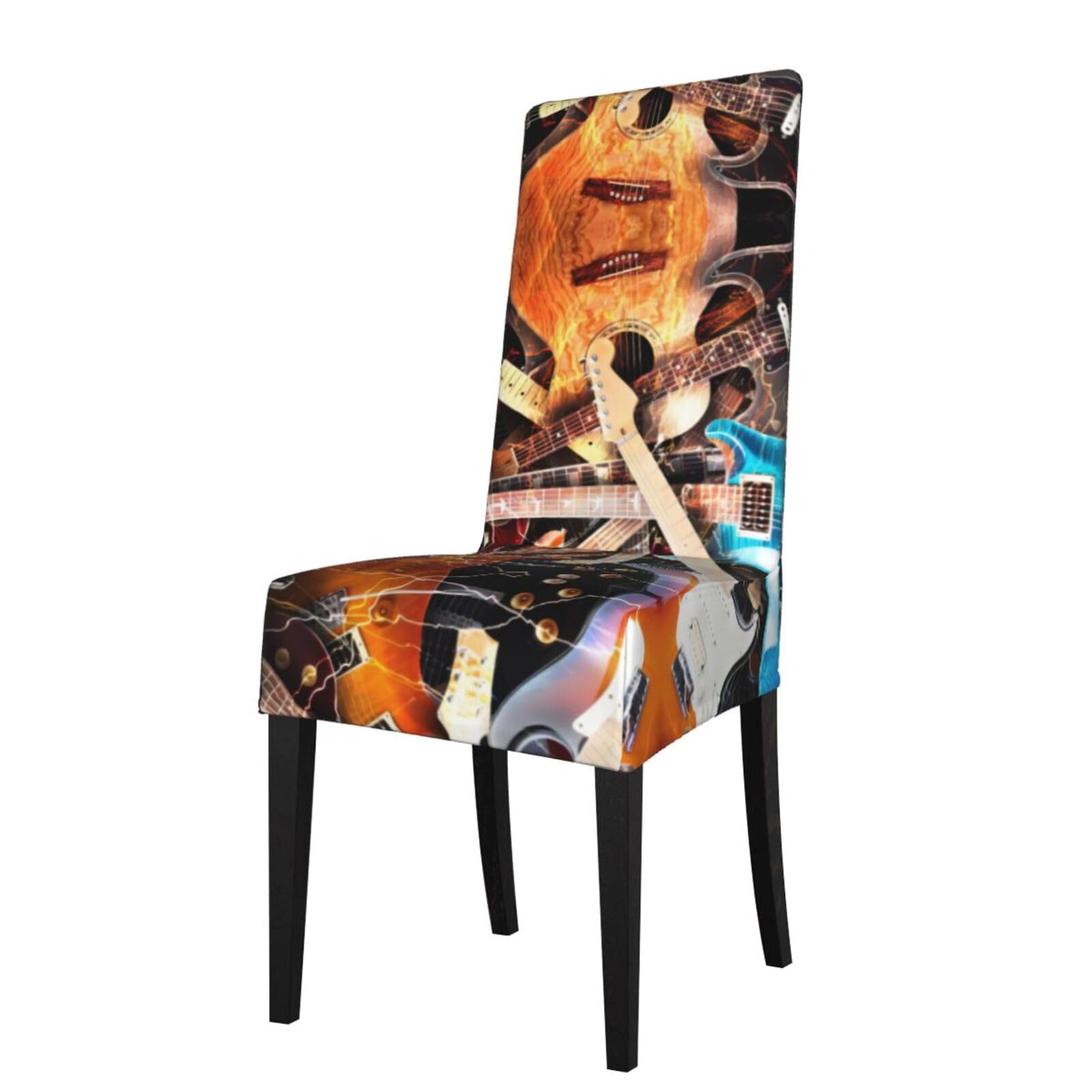 Hlsbssl Black Music Guitar Printed Dining Chair Covers, Fully Enclosed, Removable And Washable, Suitable For Family Banquets And Celebrations