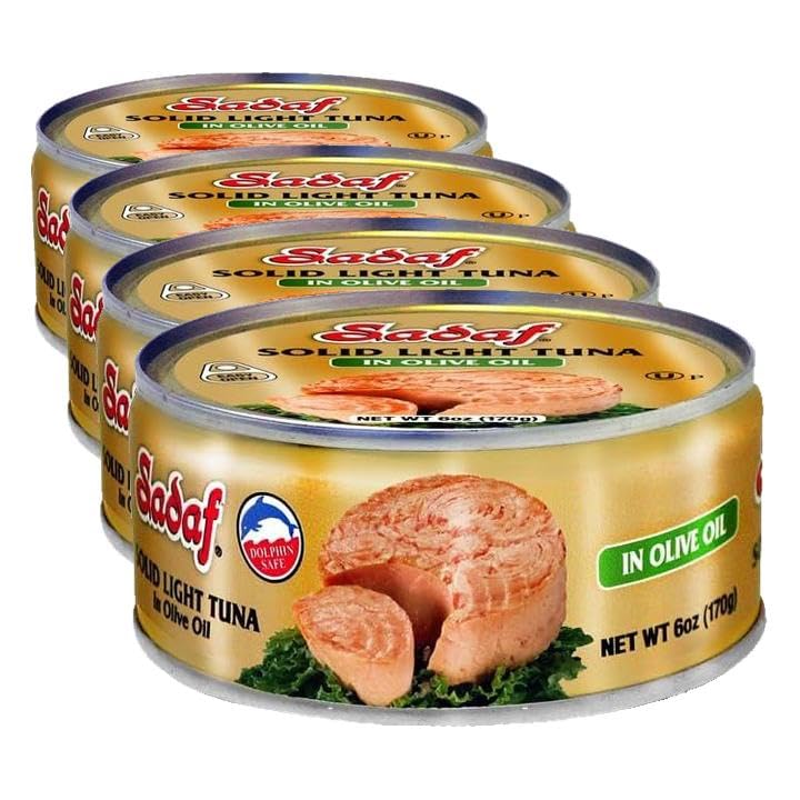 Sadaf Solid Light Tuna in Olive Oil - Canned Tuna for Cooking and Food Enhancing - Tuna in Olive Oil Extra Virgin - Kosher - 6 Oz Can (Pack of 4)