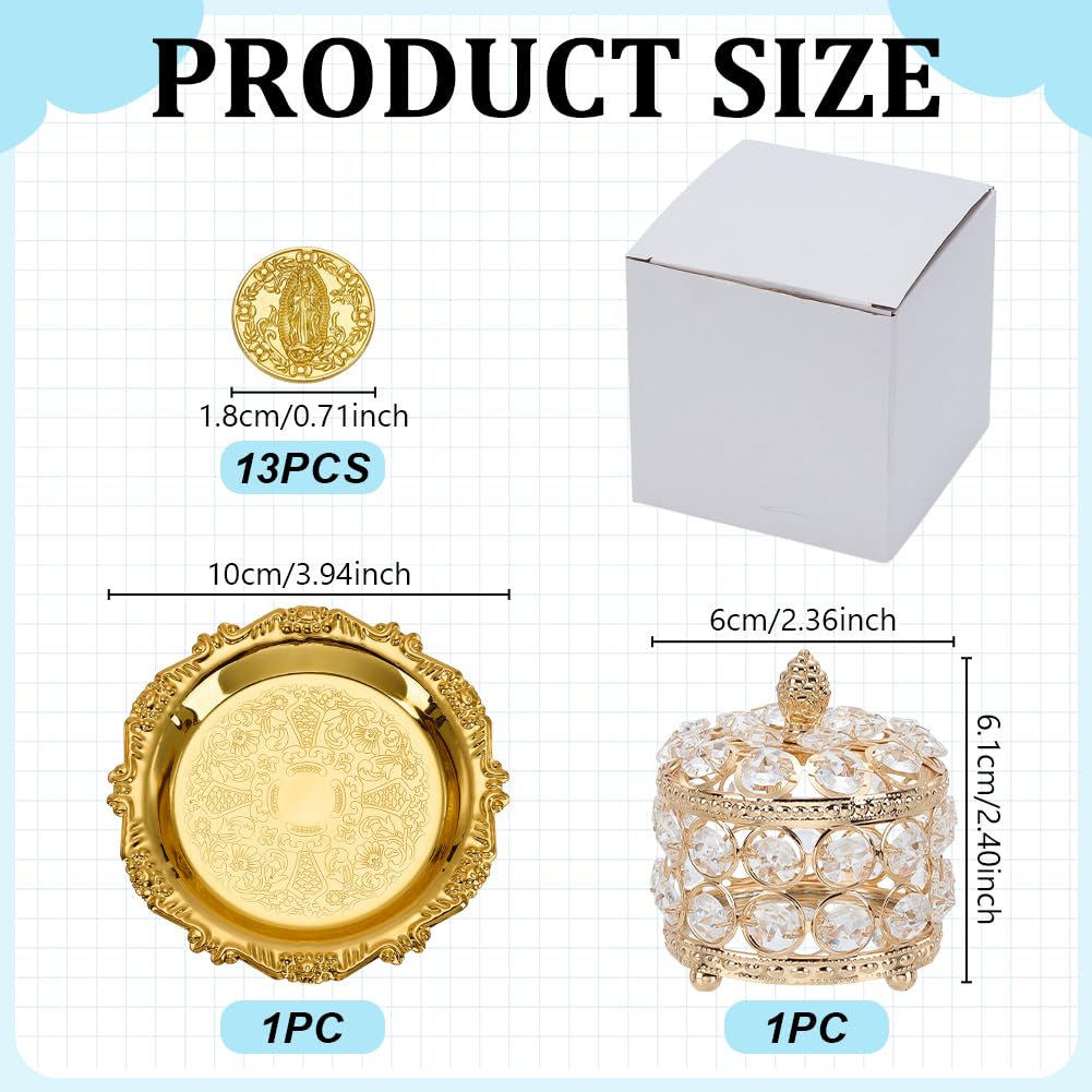 ORIGACH Juego de monedas de oro Arras de Boda, caja redonda con 13 monedas de Jesús y bandeja en relieve, accesorios de boda para ceremonia