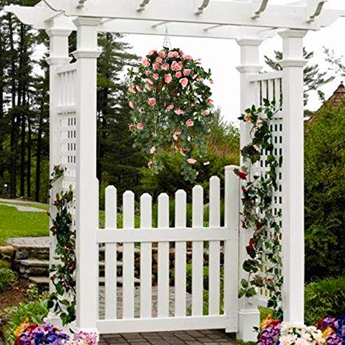 Hanging Basket With Artificial Vine Silk Azalea Flowers For Outdoor/Indoor, Artificial Hanging Plant In Basket, Ivy Basket Artificial Hanging Plant For Patio Lawn Garden Decor (Champagne) #TOP1