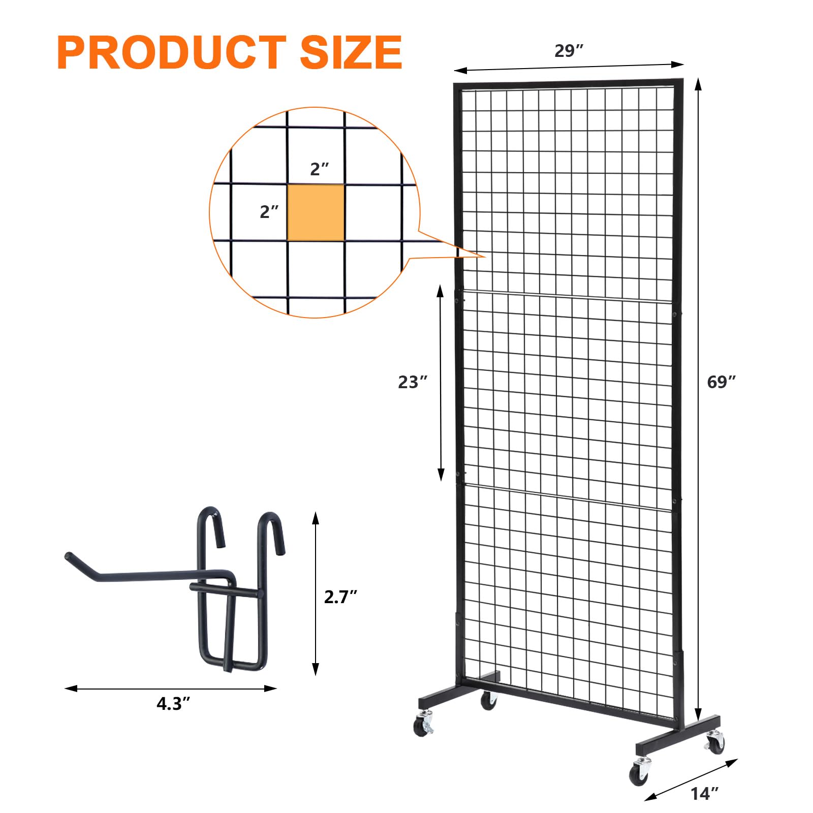 Eastern Tree Grid Wall Panels, Gridwall Panels Stand with T-Base, Black Wire Grid Wall Panel Display with Wheels, Craft Fair Display Rack, Retail Display, 2 Packs 2.5'x 6', Extra More 20 Pieces Hooks