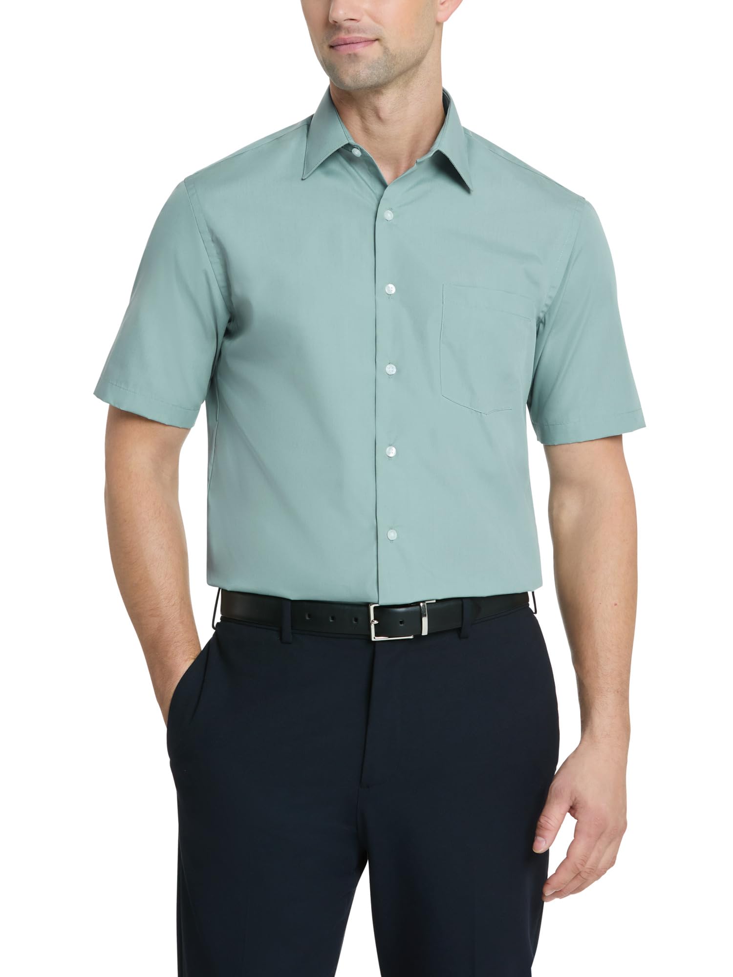 Van Heusen Men's Short Sleeve Dress Shirt Regular Fit Poplin Solid, Ocean Mist, 16.5" Neck