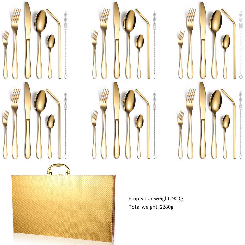 Juego de Cubiertos de 6 Piezas, Acero Inoxidable Pulido Fino, con Caja de Madera, Incluye Cuchillos, Tenedores y cucharas, Pajita，Gold 42pcs