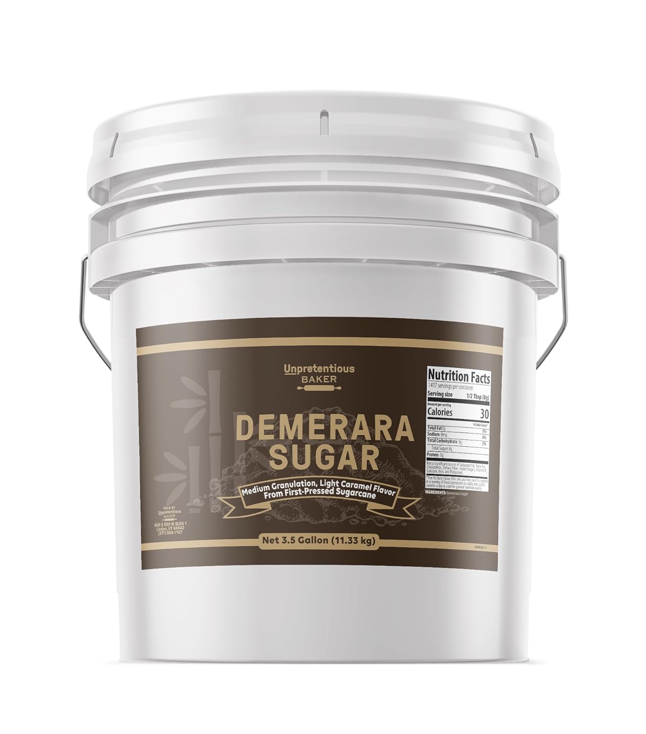 Demerara Sugar By Unpretentious Baker, 3.5 Gallon Bucket, Food Storage, Raw First-Pressed Sugarcane Crystals For Drinks & Baking (25 Pounds)