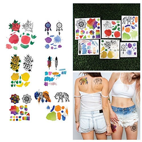 Tattify Assorted Water Color Temporary Tattoos - Romeo Lacoste Collection (Set of 6 Sheets) and Fashionable Removable Fake Temporary Tattoos - Long Lasting and Waterproof