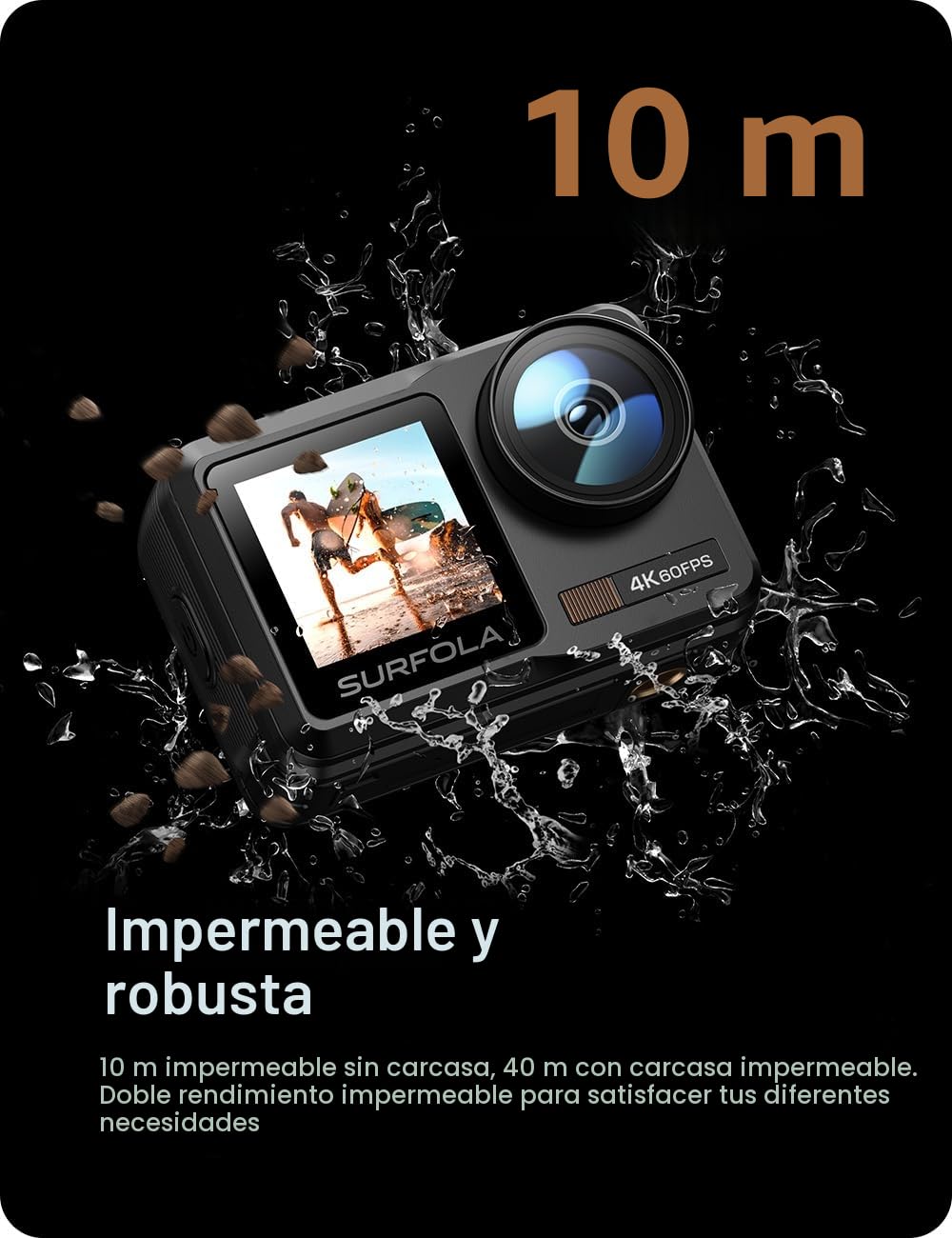 Surfola SF630 Cámara Deportiva 4K 60FPS, subacuática 40M Impermeable de Metal Desnudo 10M, WiFi, para Casco EIS, Videocámara de Pantalla Dual con 2 Baterías x1350mAh