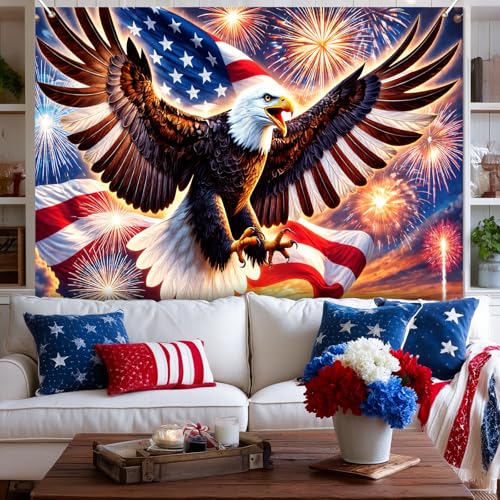 Image of BlissYard 4th of July Backdrop 8x6ft Patriotic Eagle Decorations American Flag Fireworks Banner Independence Day Party Decor for Outdoor Indoor Yard Photo Booth Red White Blue Stars Stripes
