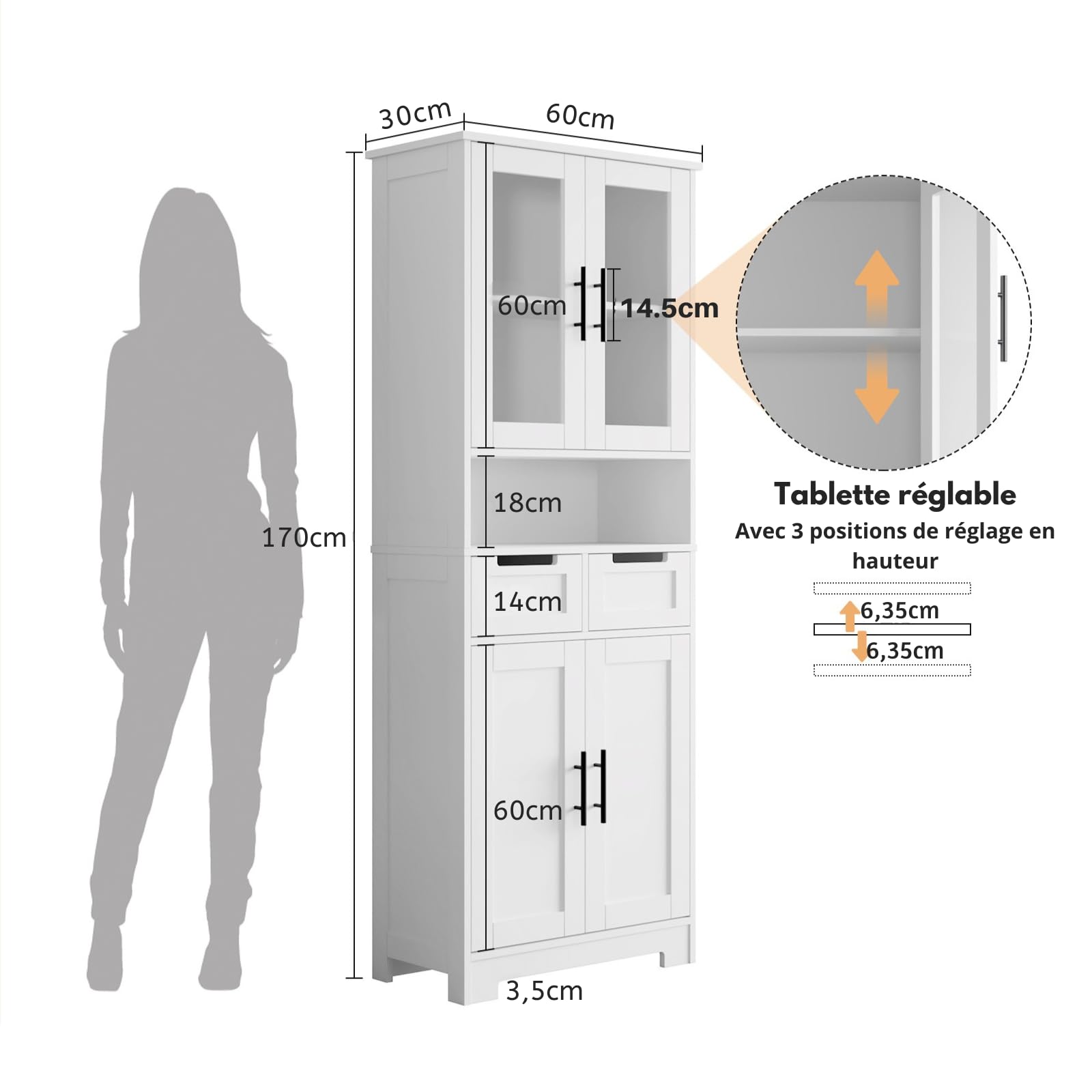 LEADZM Meuble Cuisine Rangement，Buffet Cuisine avec 4 Portes et 2 Tiroirs | Meuble de Rangement Cuisine，Grande Capacité pour Salon，Chambre ou Bureau - 60 x 30 x 170 cm (4 Portes)