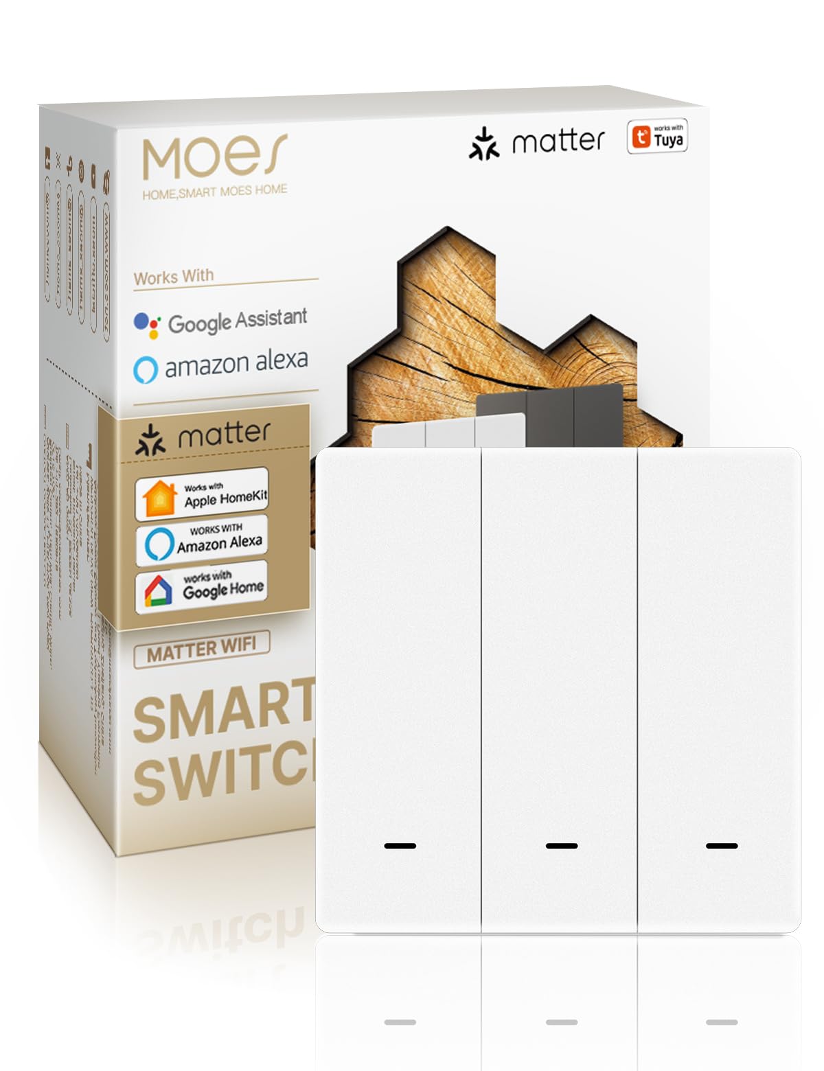 MOES Matter Smart Switch, Matter over WiFi, 2-Way Sync Switch, Neutral Wire Required, Compatible with Alexa/Apple Home/Google Home/SmartThings, Tuya APP Control, 3 Gang