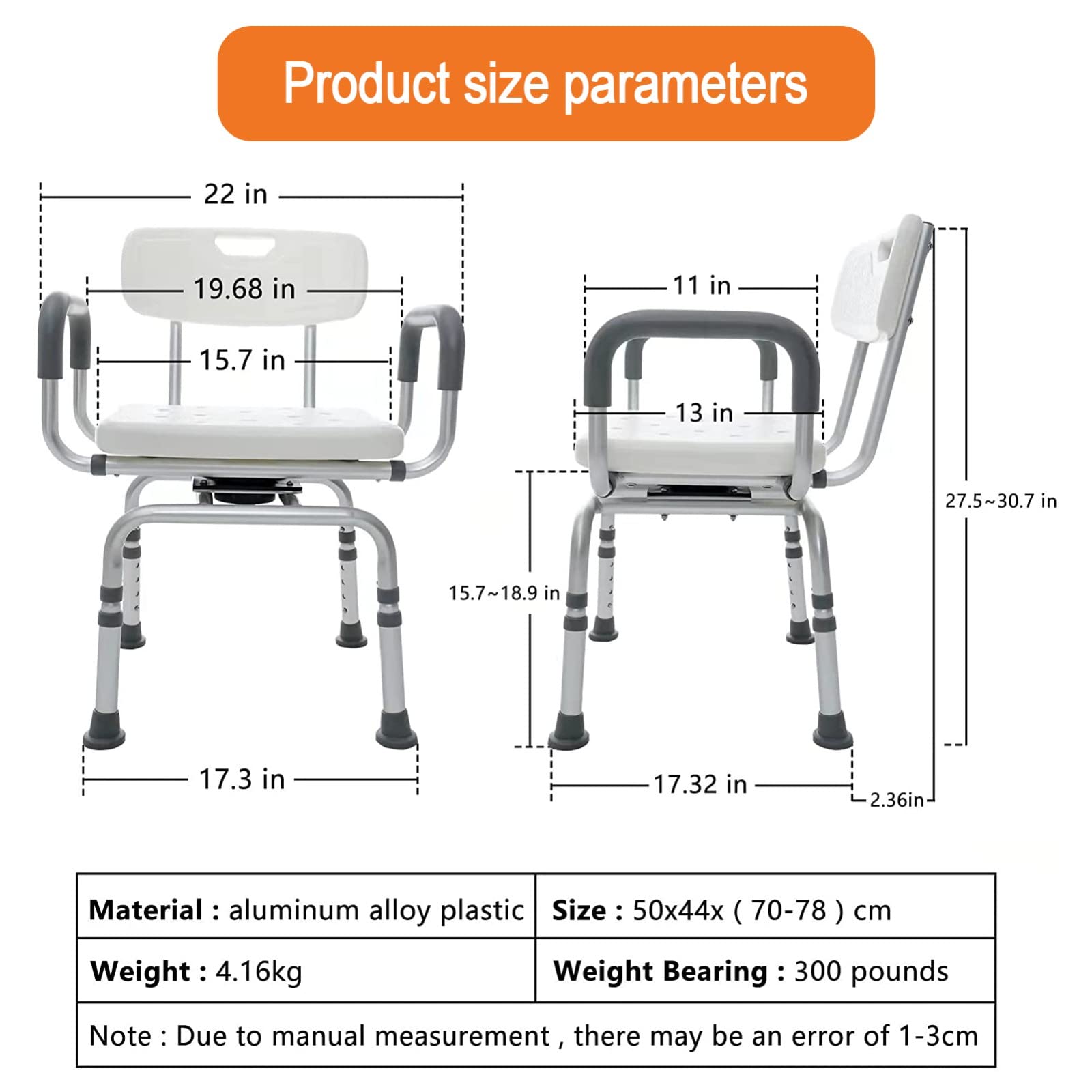 Silla de Ducha giratoria para bañera, Asiento de la Ducha Asiento Ajustable Silla de baño de 360 ° con reposapiés Acolchados Silla de Ducha Trasera para Personas Mayores para Personas Mayores