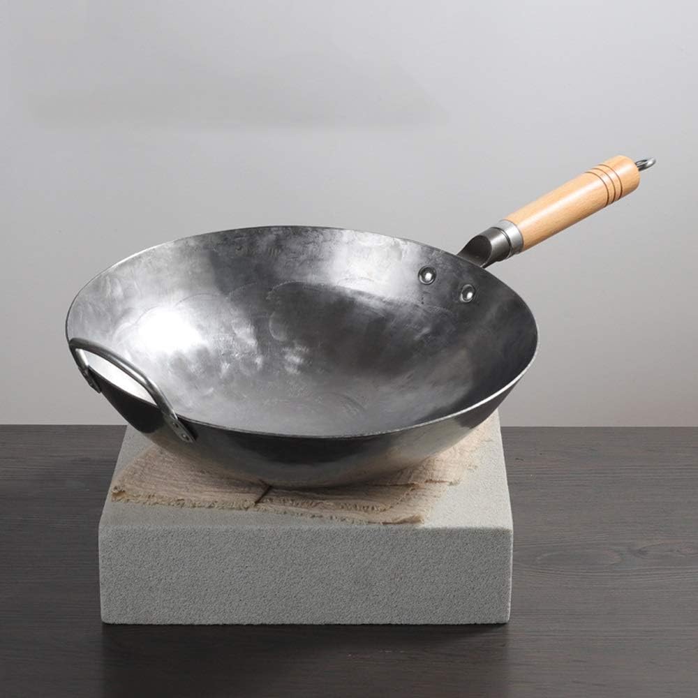 Cookware Woks Traditional Iron Wok Handmade Large Wok&Wooden Handle Non-Stick Wok Gas Cooker Pan Kitchen Cookware (Size : 34cm)