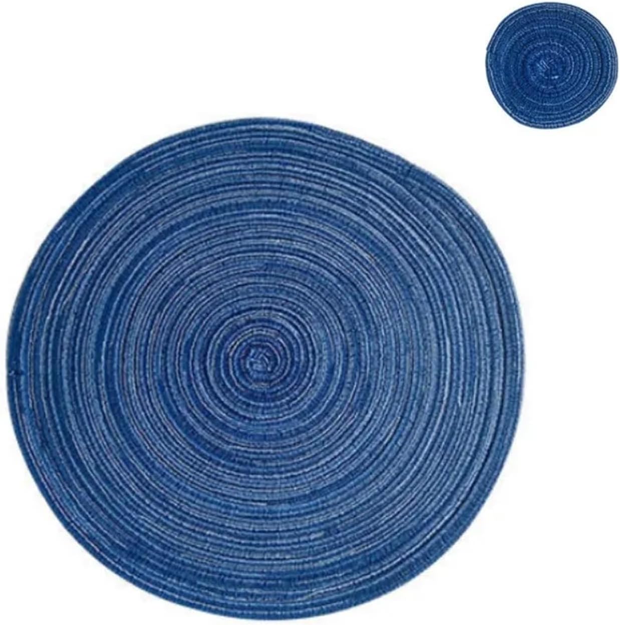 Woven Round Placemats and Rattan Coasters Set Dining Table Mats Non Slip Washable Farmhouse Place Mats(RCO Blue,6sets)