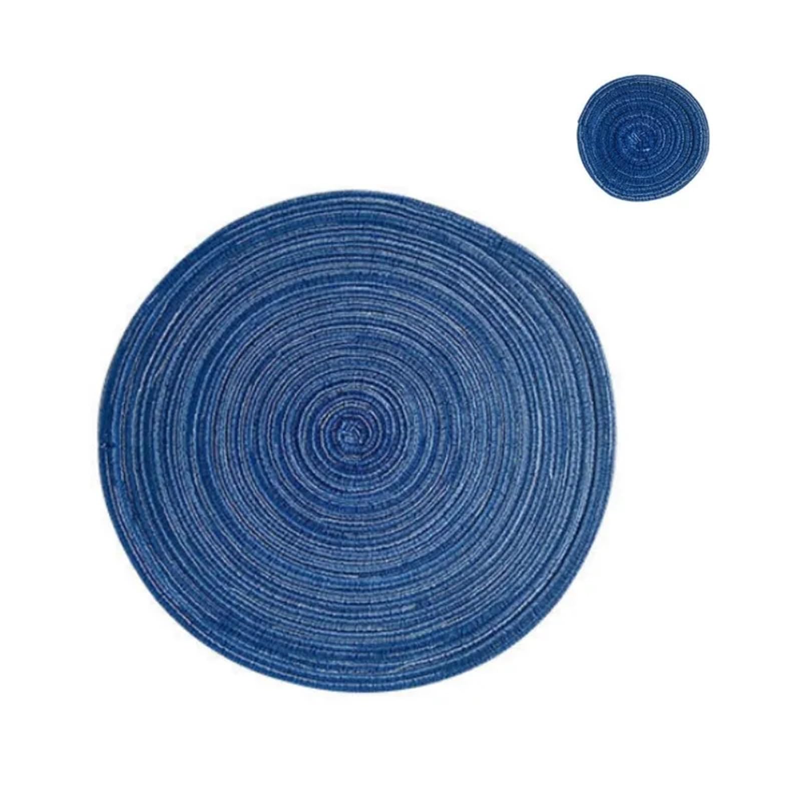 Woven Round Placemats and Rattan Coasters Set Dining Table Mats Non Slip Washable Farmhouse Place Mats(RCO Blue,6sets)