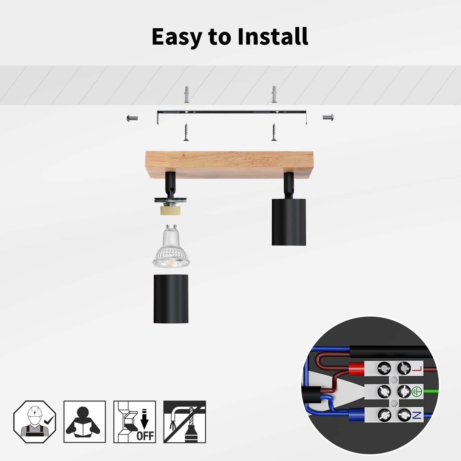 LVWIT Lámparas de Techo, GU10 Pantalla de Luz de Madera, 2 Way Accesorios de Luz Techos,Lámpara de Techo de pared Industrial Ajustable, Foco de Techo para Sala de Estar(No Incluye Bombillas)
