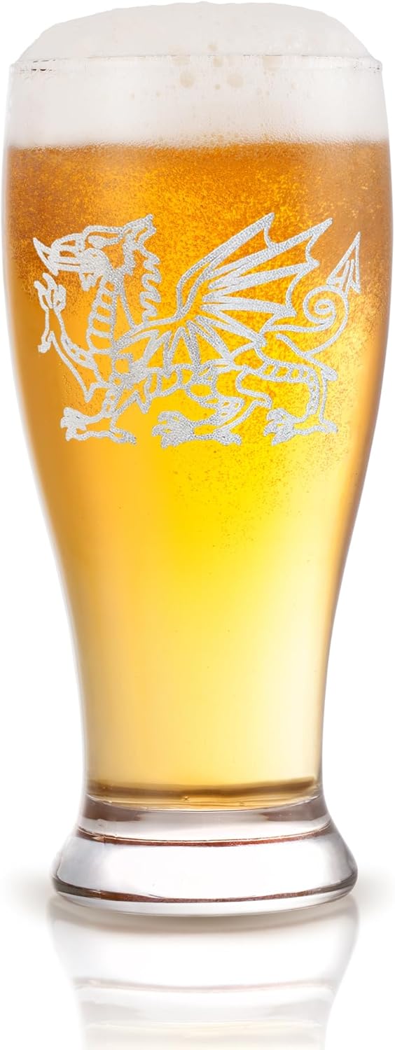 Welsh Dragon Celtic Beer Glass, Free Personalization, Y Ddraig Goch Engraved Design