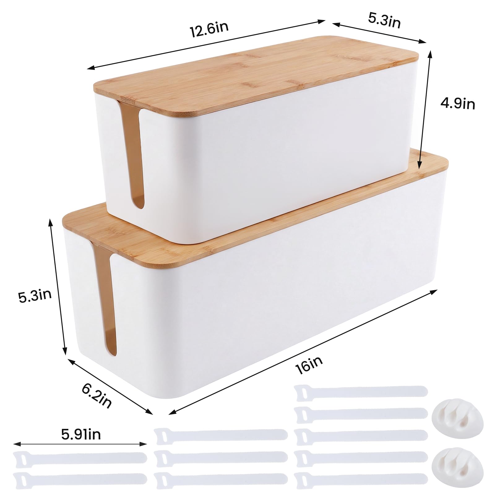 Paquete de 2 cajas de gestión de cables, caja organizadora de cables con tapa de madera para cables de TV, regletas de alimentación, router, concentrador USB y alimentación debajo del escritorio