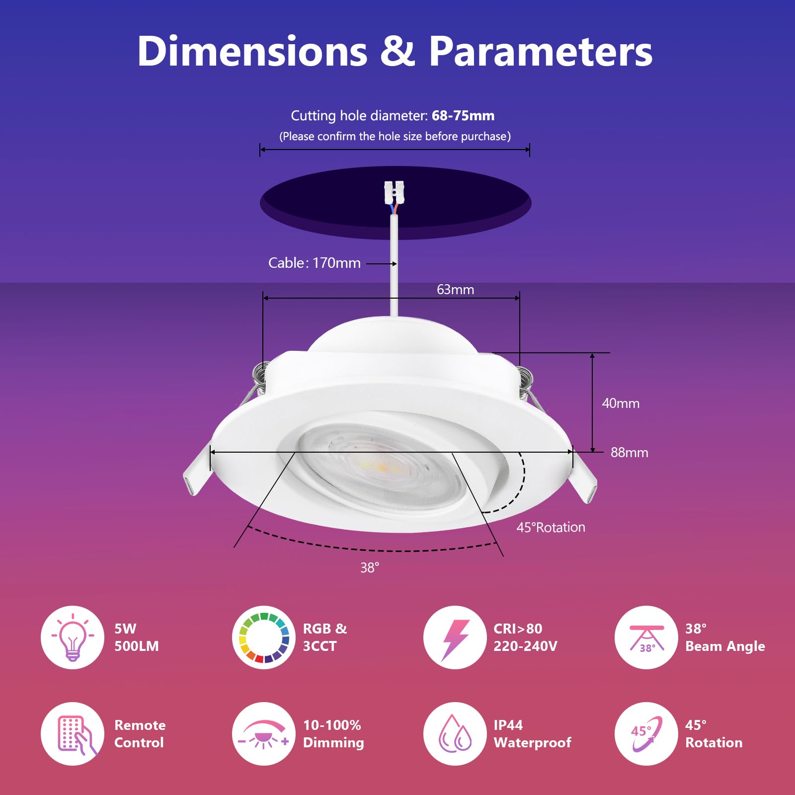 GeyouLux Faretti da Incasso LED Dimmerabili RGB, Faretti a 230V 68mm in Alluminio, IP44 5W 3CCT Plafoniere Orientabili a 38°+ 45°, Faretti da Incasso Bianchi con Telecomando IR per Bagno, 6 Pezzi