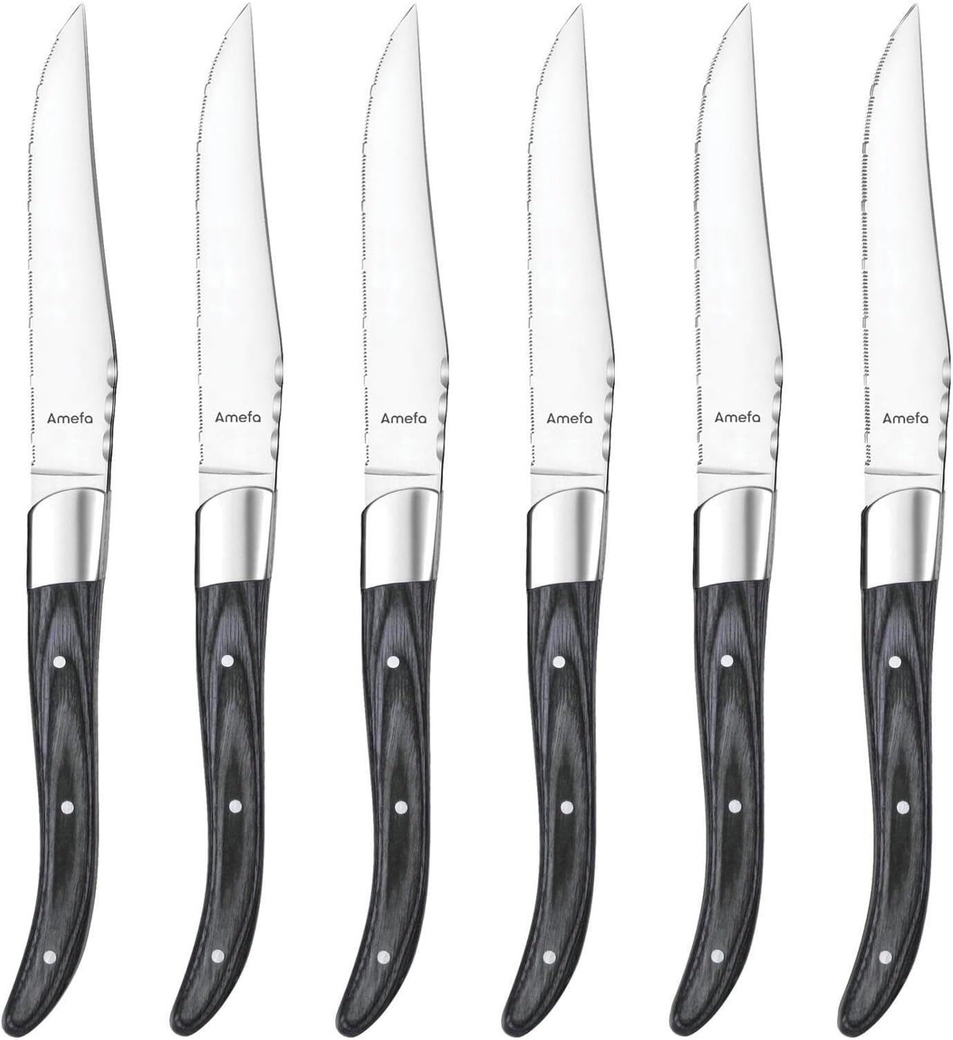 Amefa Royal Steak Knife Set of 6, Serrated Stainless Steel Blade, Pakka Wood Handle, Gray