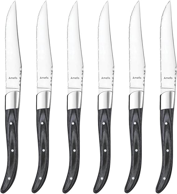 Amefa Royal Steak Knife Set of 6, Serrated Stainless Steel Blade, Pakka Wood Handle, Gray
