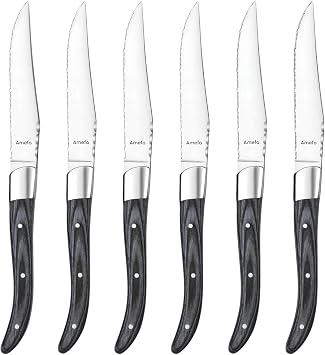 Amefa Royal Steak Knife Set of 6, Serrated Stainless Steel Blade, Pakka Wood Handle, Gray