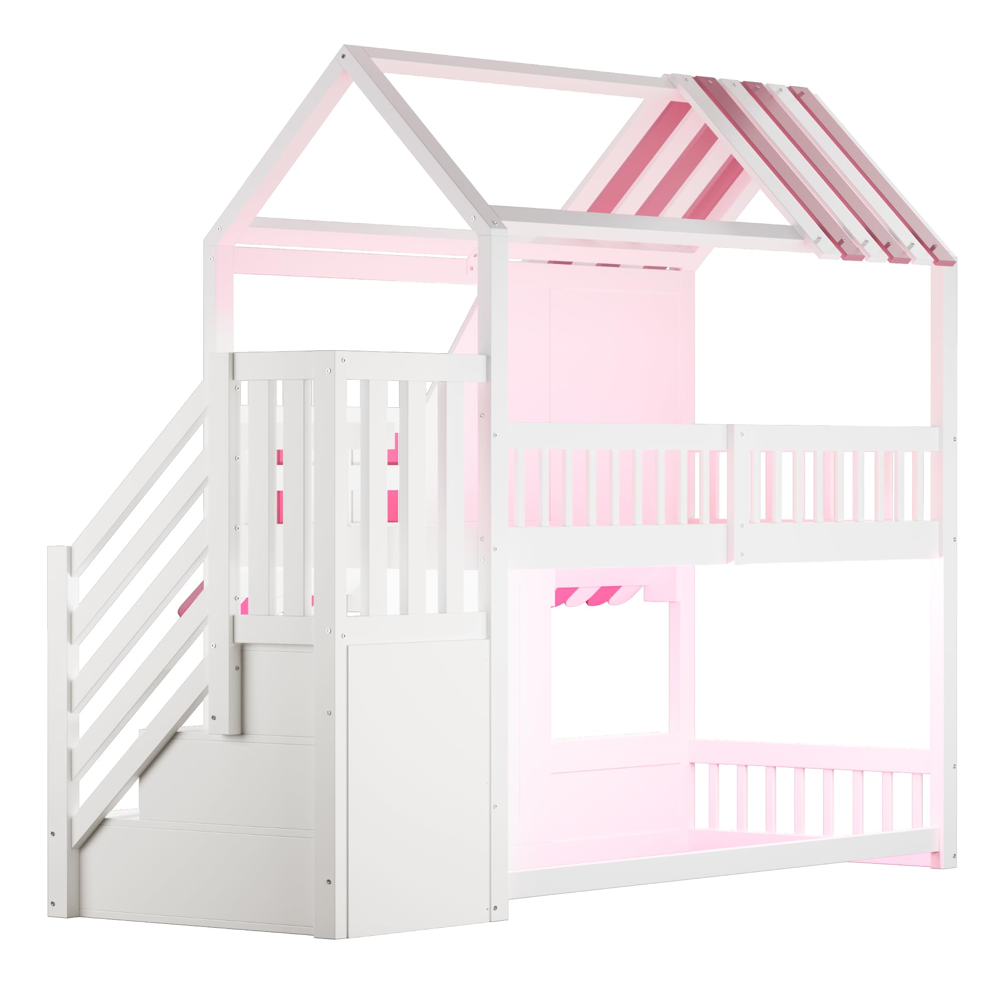 Kinder Etagenbett 90x200 cm, Hausförmiges Design mit Dach, Fenstern und Tür, Stauraumtreppe, LE/D Rendering und Regalen, Sichere Geländer und Holzgestell, ohne Matratze (Weiß + Rosa)