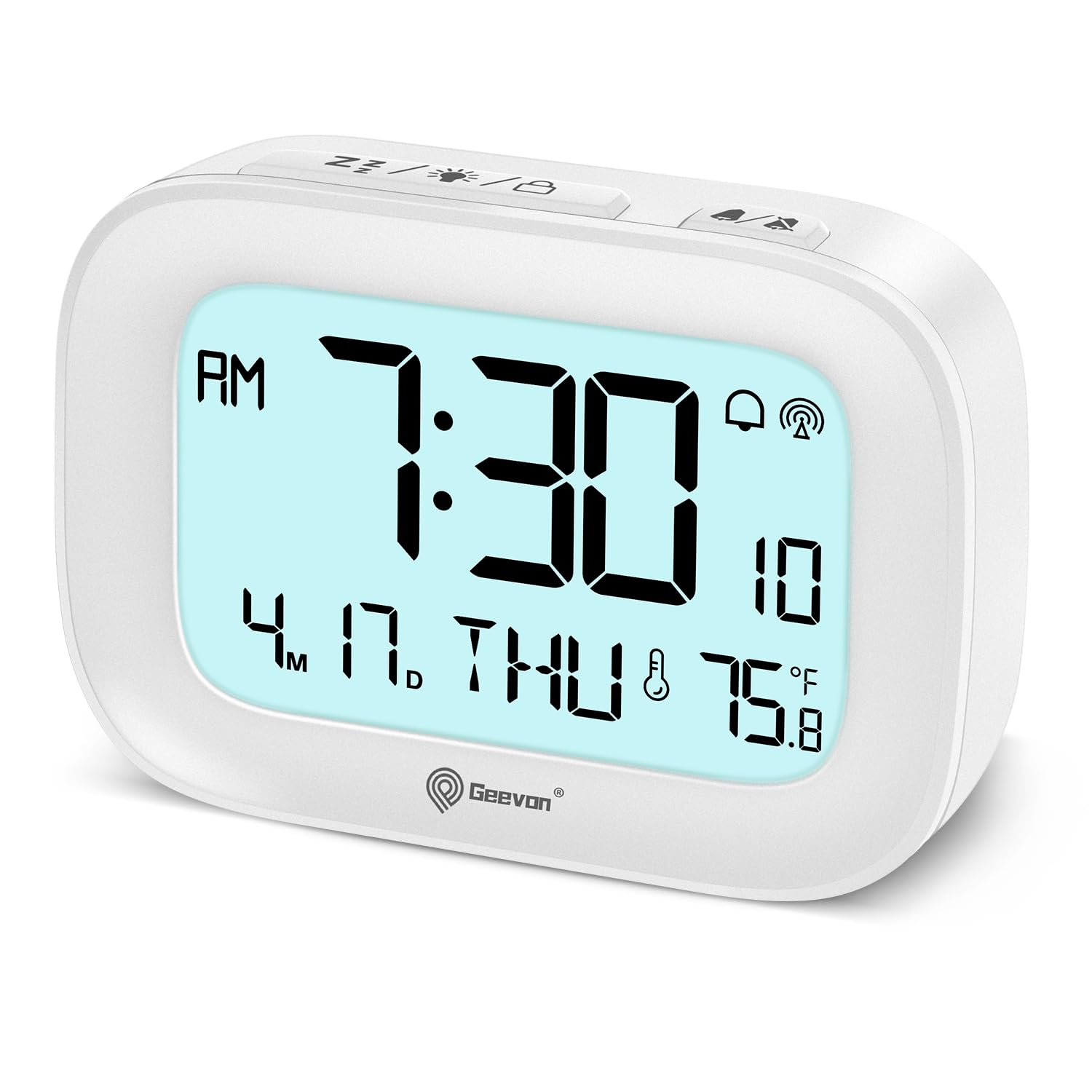 Photo 1 of Geevon Small Digital Atomic Alarm Clock for Bedroom, Portable Battery Operated Travel Desk Clock for Heavy Sleepers, with 10s Backlight, Temperature, 3 Inch Display, White