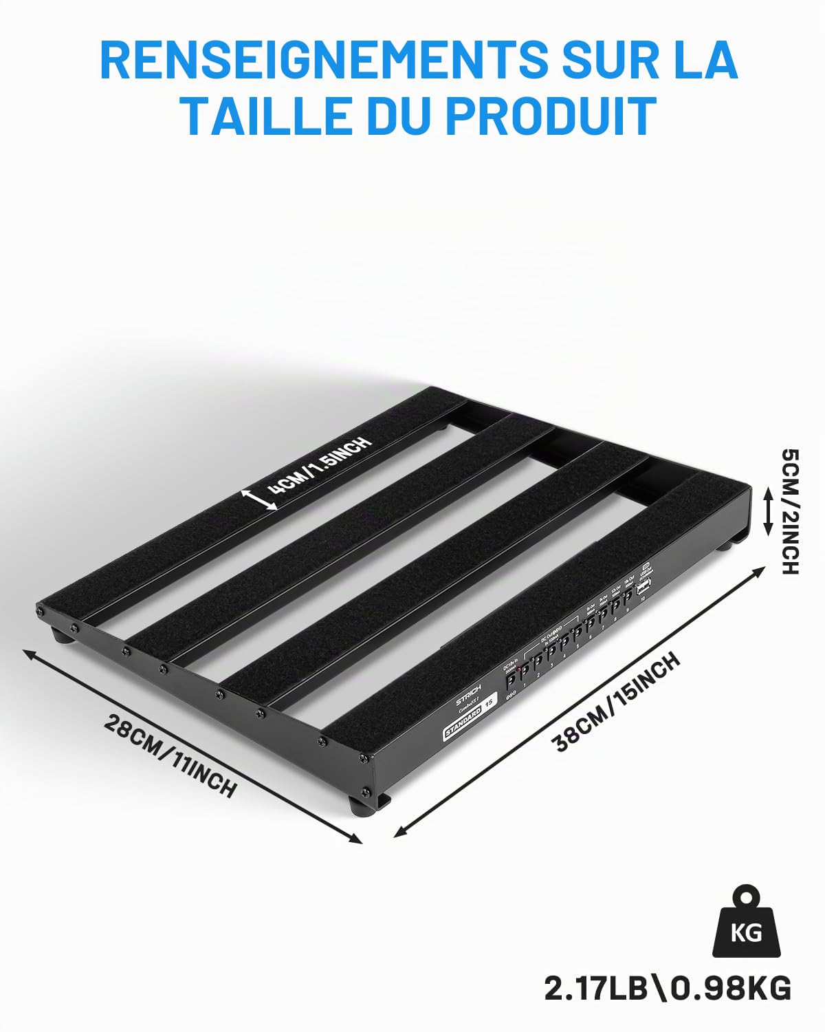 STRICH Pedalboard guitare avec alimentation intégrée – Léger et robuste – 38 x 28 cm – 985 g – Alliage d’aluminium léger – Housse incluse – Bandes auto-agrippantes – PB-S15