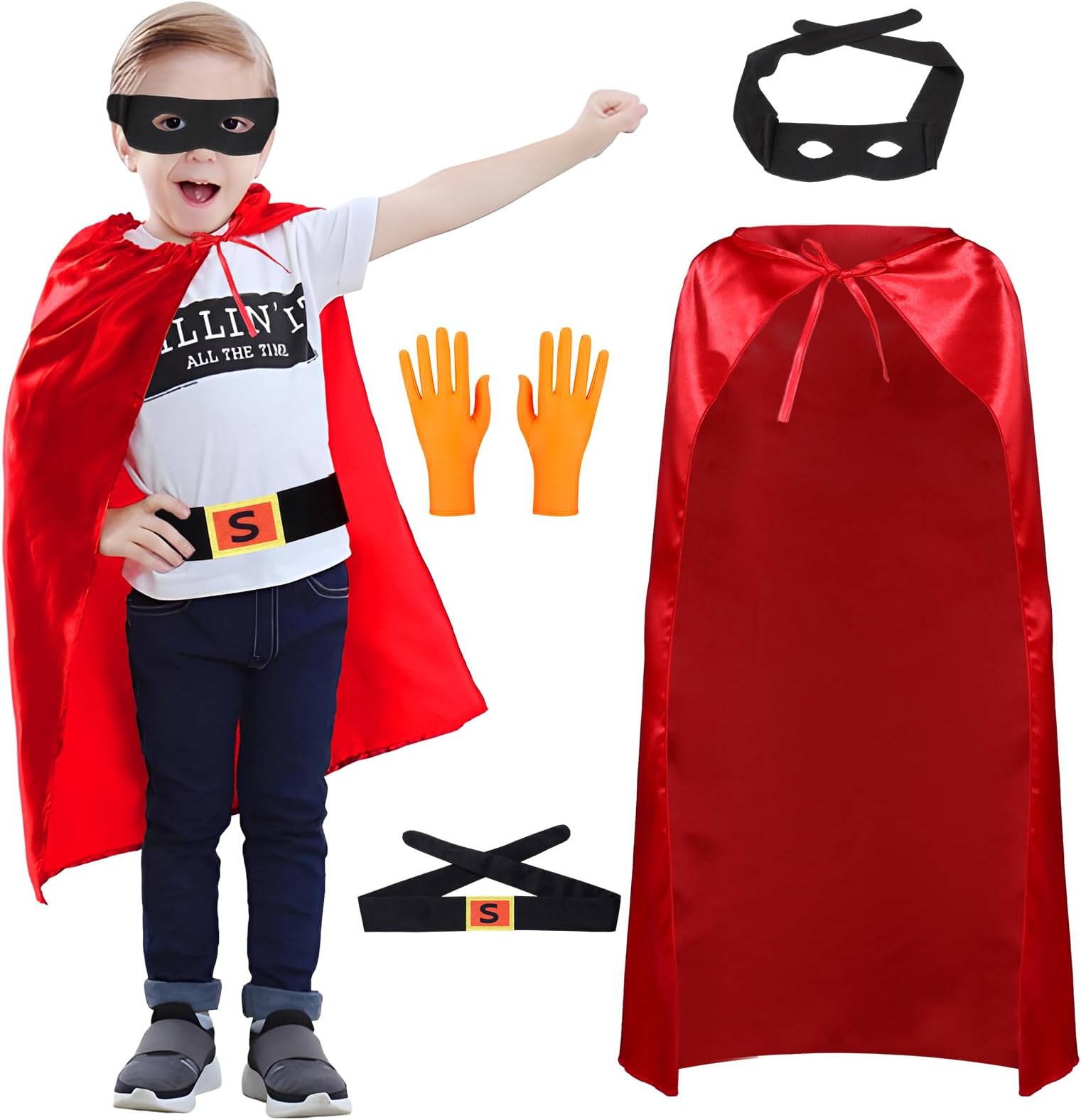 Formemory Super Potato Costume Set with Red Cape,Belt,Eye Mask and Gloves for World Book Day Costumes and Character Dress Up