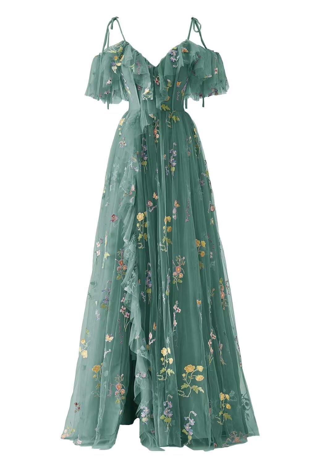 Yiann Women's Peacock Flower Embroidery Tulle Prom Dresses Long Spaghetti Strap V-Neck Formal Evening Party Dress Uk6