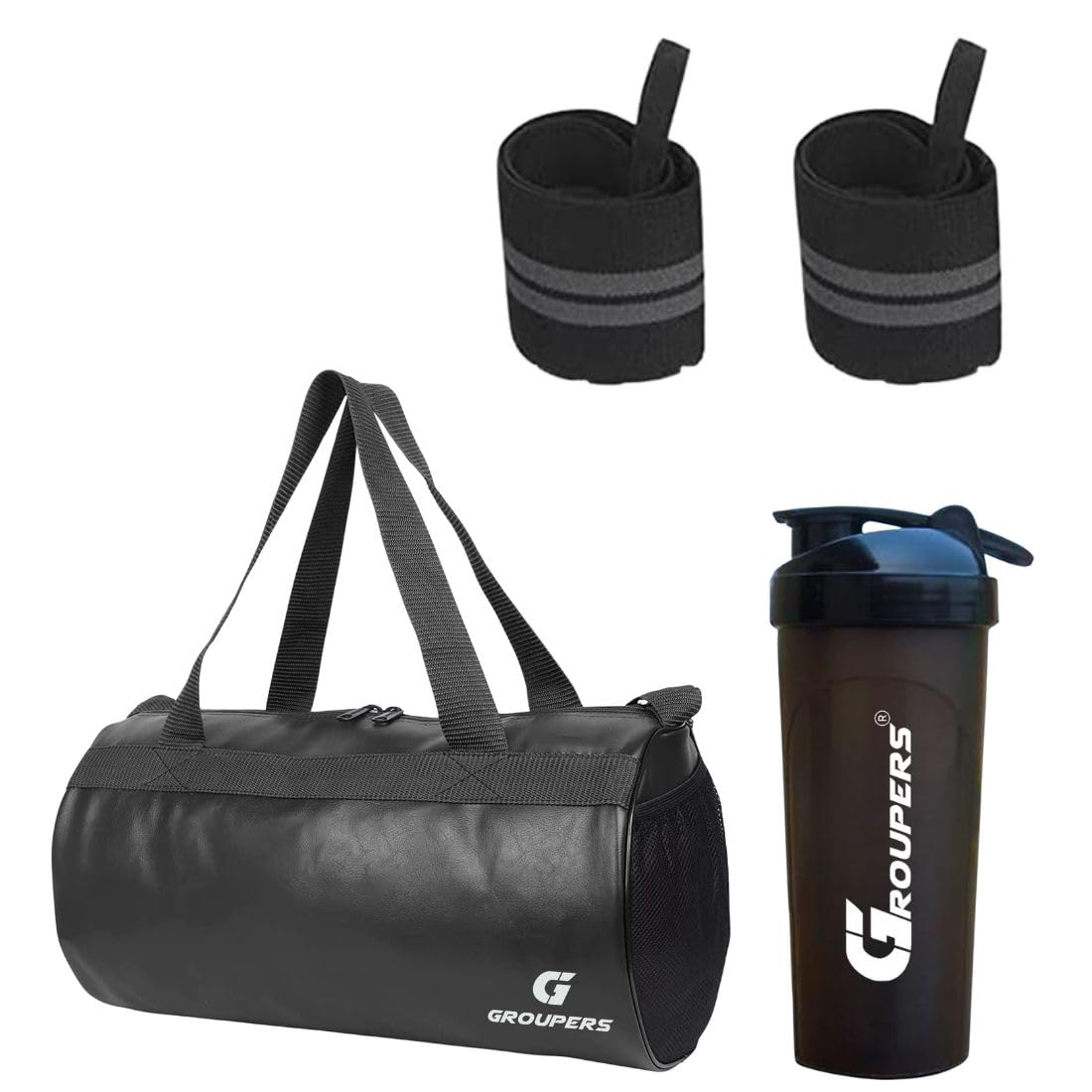 groupers Gym Bag Combo 20–25L – Black Sports & Travel Duffle (43×25×23 cm) with 700ml Shaker & Heavy Duty 21" Wrist Wraps, Workout Gear & Fitness Kit for Men & Women-picture-46