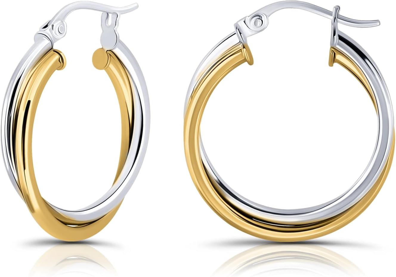 Hoops & Loops 925 Sterling Silver Intertwined Round Hoop Earrings for Women, Two-Tone Layered Trendy Double Square-Tube Hypoallergenic Click-Top Hoops, 20mm, 25mm, 35mm Silver, 14k Yellow Gold, Rose Gold, Black Flash Plated