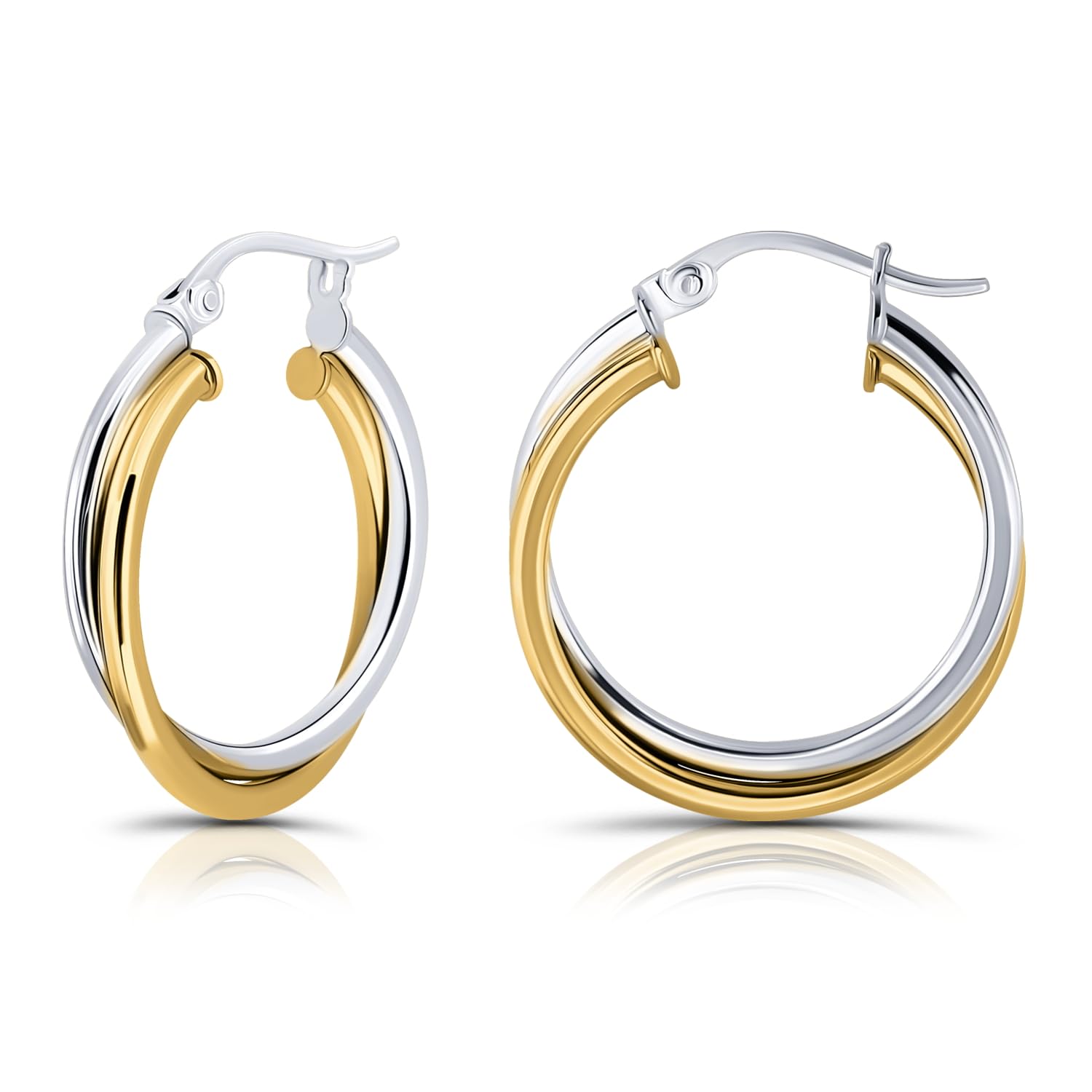 Hoops Loops 925 Sterling Silver Intertwined Round Hoop Earrings for Women Two-Tone Layered Trendy Double Square-Tube Hypoallergenic Click-Top