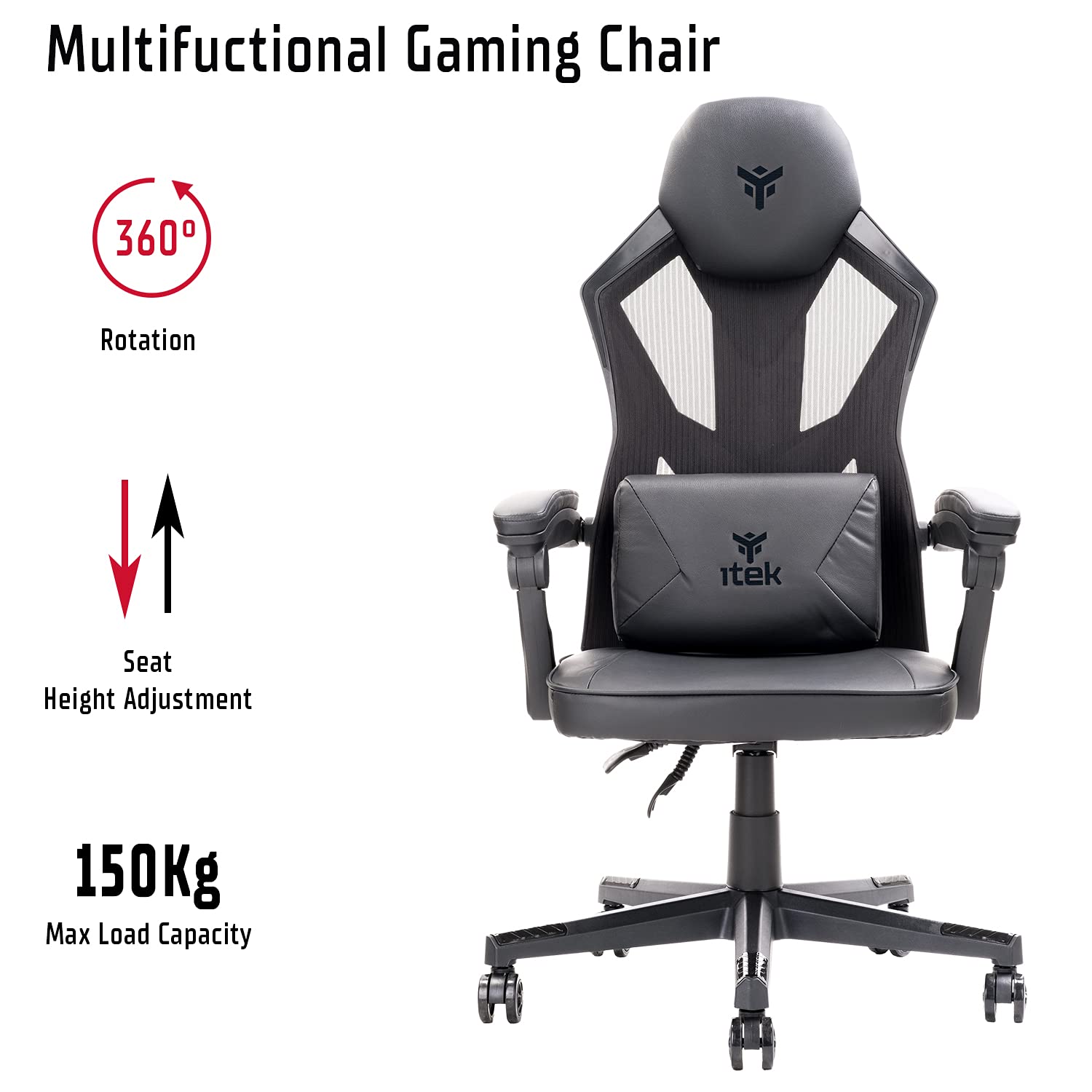 ITEK 4CREATORS CF50 Sedia Gaming ergonomica Nero, schienale reclinabile e poggiatesta regolabili, supporto lombare, comfort e design, ideale come sedia ufficio, sedia per studio e poltrona per gamer