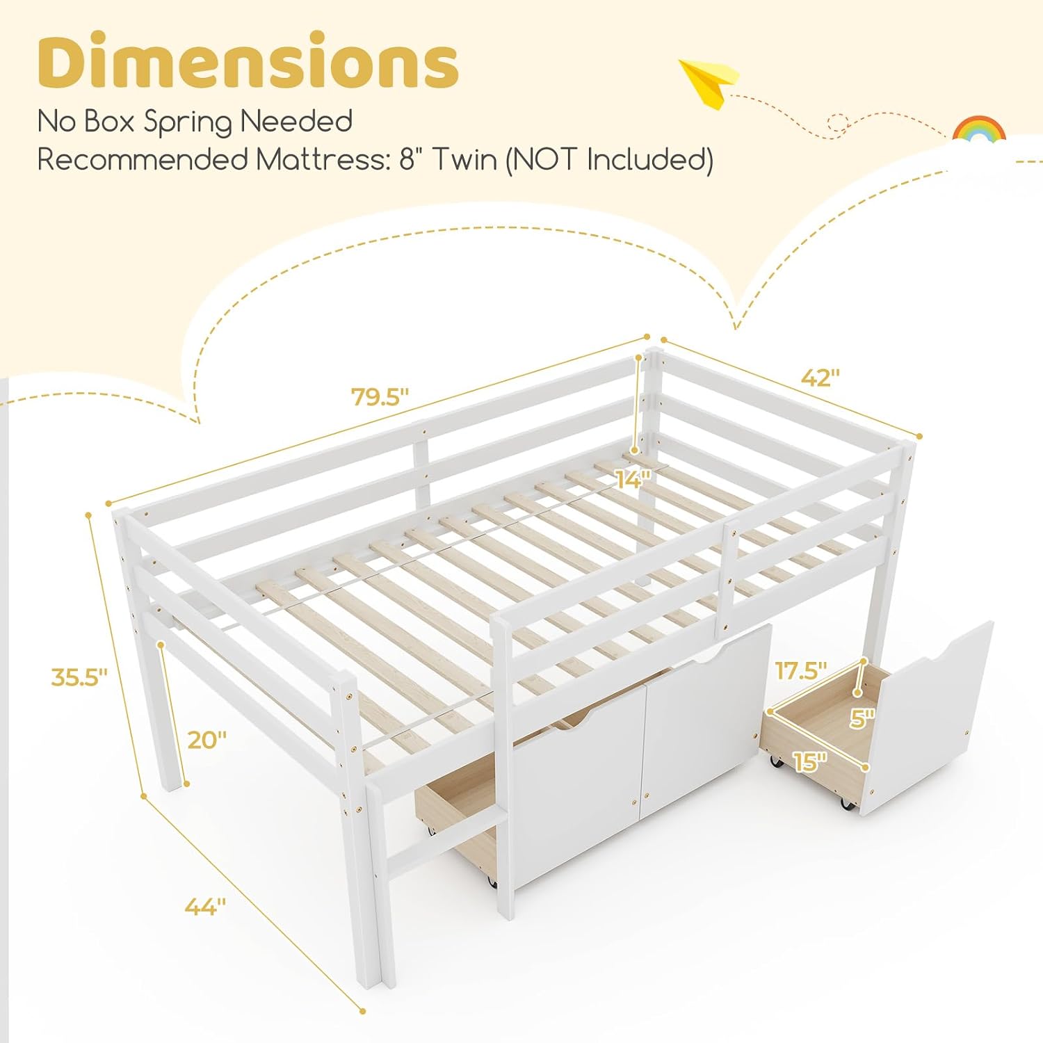 KOMFOTT Twin Low Loft Bed with 3 Storage Drawers, Wood Platform Bed Frame with Safety Guardrail & Ladder, Loft Bed Frame for Boys Girls & Junior, No Box Spring Needed (White)