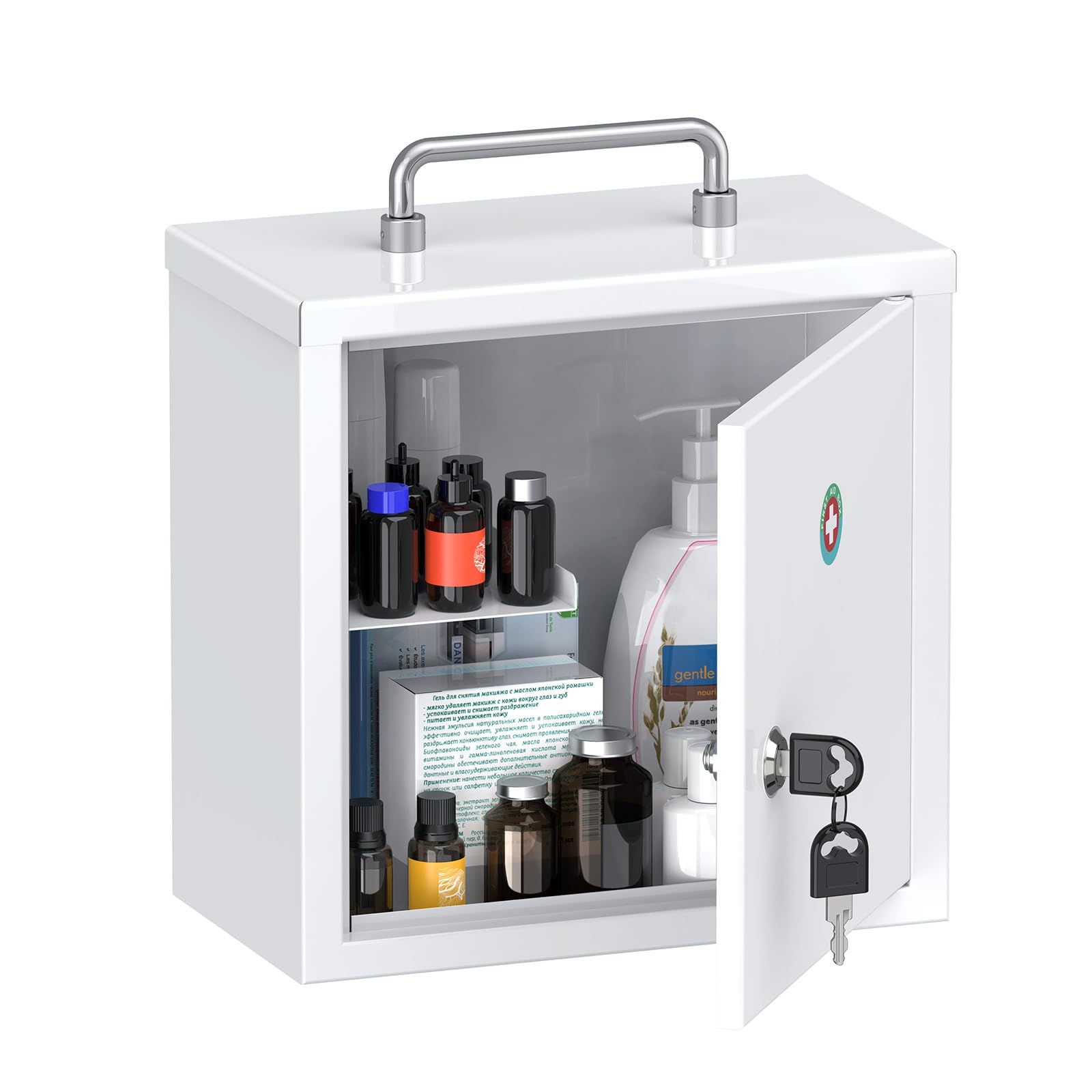 Uniclife Wall Mount Medicine Cabinet with Key Lock & Handle Locking First Aid Cabinet Lockable Lightweight Medium Medicine Organizer Secure Steel Wall Cabinet Metal Storage Box, White