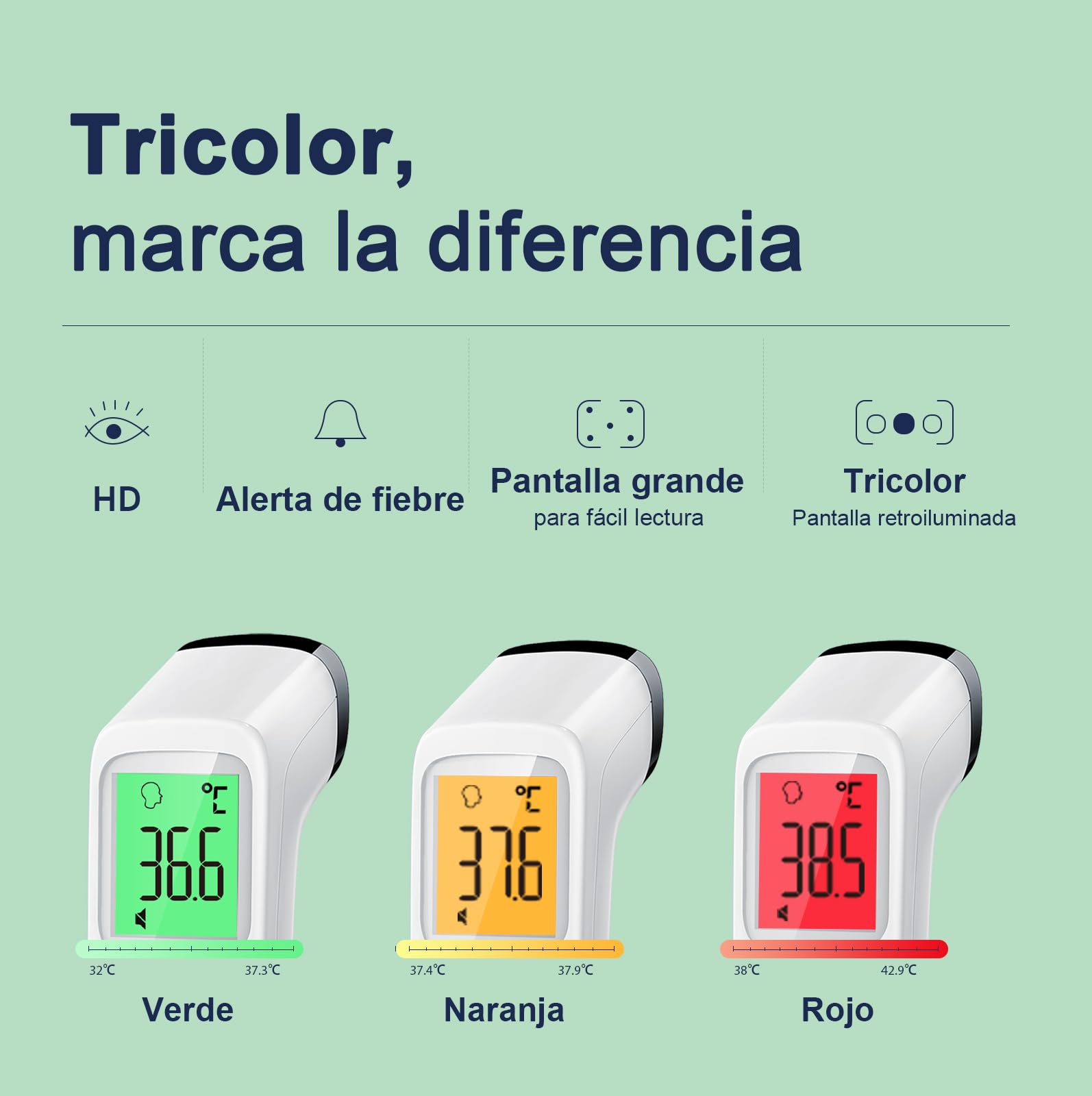 Viproud Termómetro digital infrarrojo sin contacto para frente, retroiluminación de tres colores, medición precisa, alarma de fiebre, apto para bebés, niños y adultos (blanco)