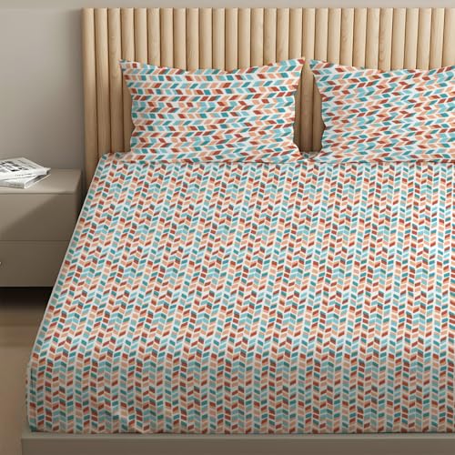 Image of Livspace Cotton Queen Size Bedsheet for Double Bed | 100 inch x 88 inch | 144 TC Flat Cotton Bedsheet with 2 Pillow Covers, Soft & Breathable - Bello Pure Nest Collection (Blue Rust)
