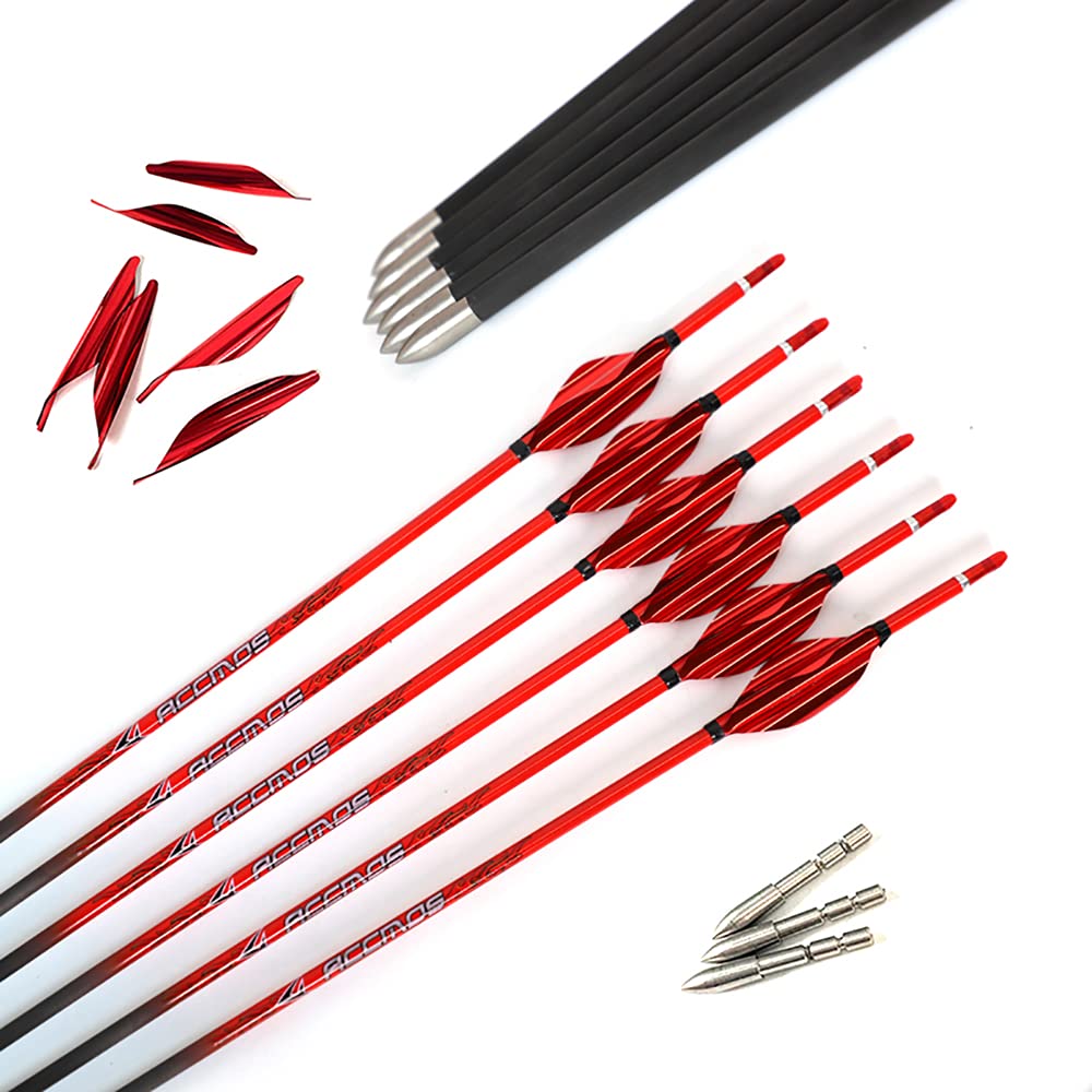 ACCMOS Rossa Spirale Piuma Puro Carbonio Frecce Spine 400-1000 Freccia da Caccia Tiro con L'Arco Freccia Pratica, per Giovani Adulti Arco Compound Arco Ricurvo Tiro Targeting Freccia12 pz