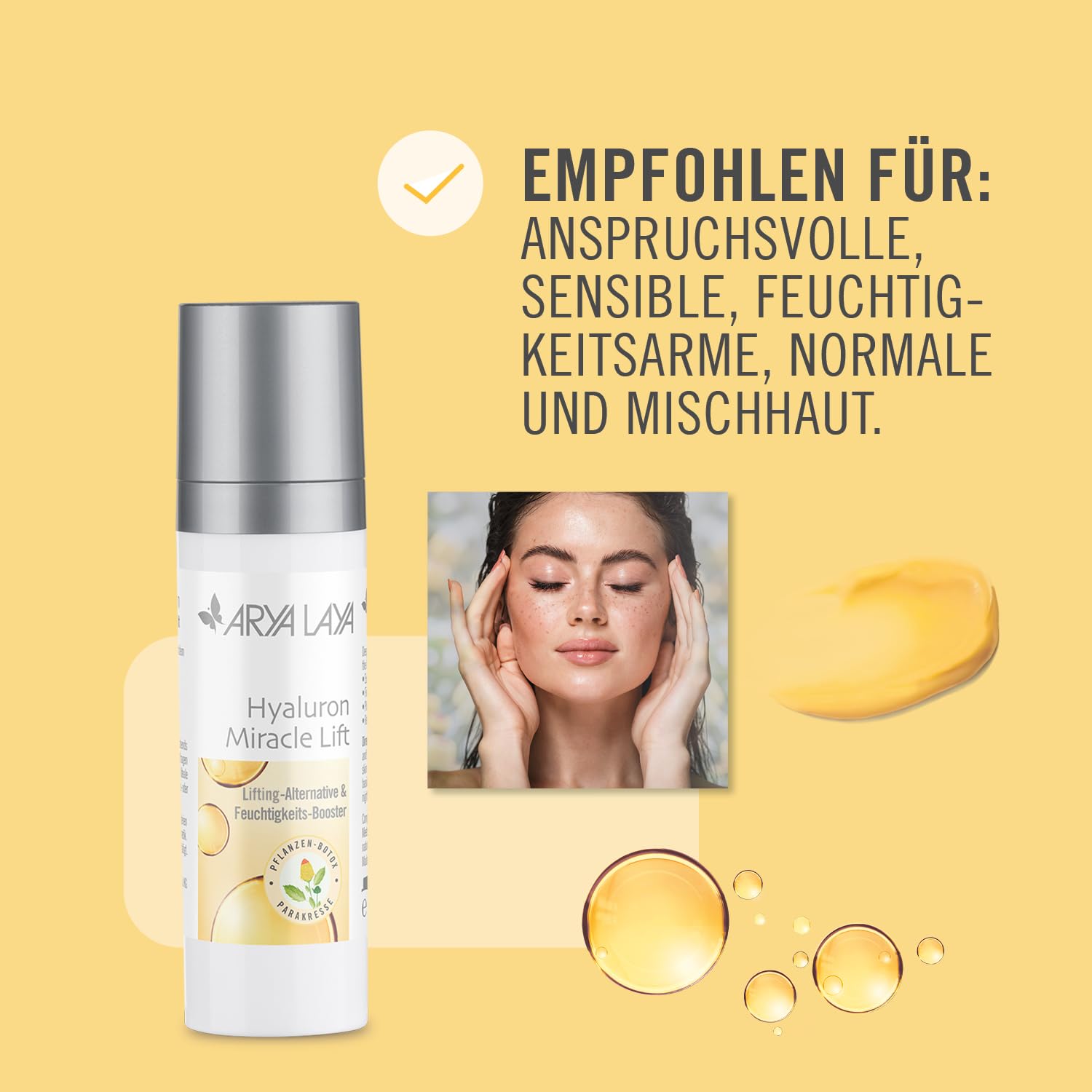 ARYA LAYA Hyaluron Miracle Lift, 50 ml | Pflanzliche Lifting-Alternative, Feuchtigkeits-Serum & Hyaluron-Booster mildert Falten, für viele Hauttypen, vegan