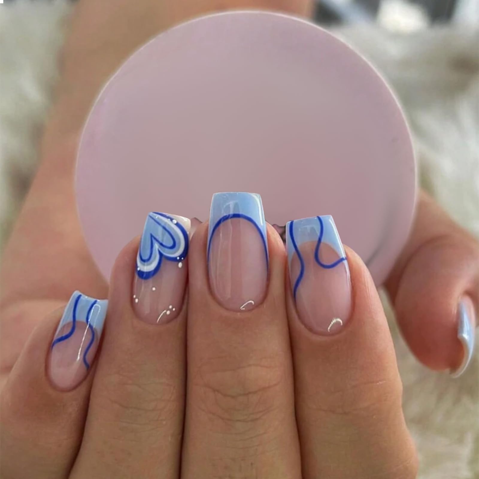GlamRays 24 Stück Blaue Quadratische Liebe French Press On Nails Blauer French Tip Herz Klebernagel Nägel Vollumfängliche Falsche Nägel Set Für Mädchen Mutter Frauen Geschenk