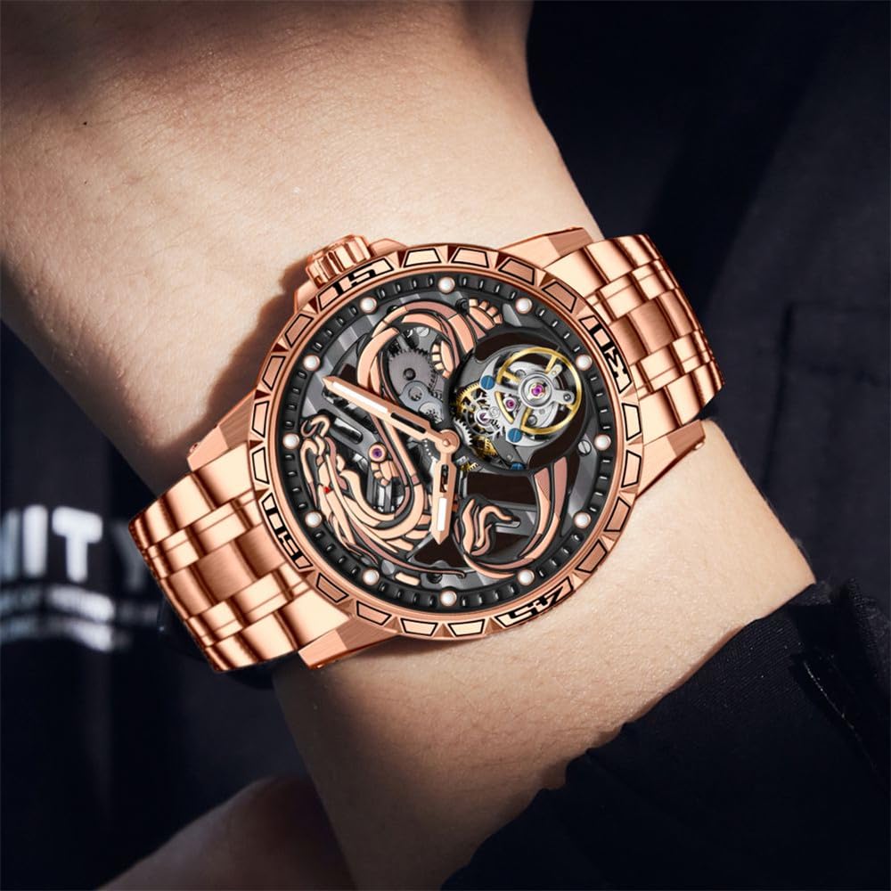 Tourbillon - Reloj mecánico de cuerda para hombre, diseño de esqueleto, impermeable, reloj de pulsera de negocios de zafiro, doble cara, hueco, patrón chino, significado rico y respetuoso