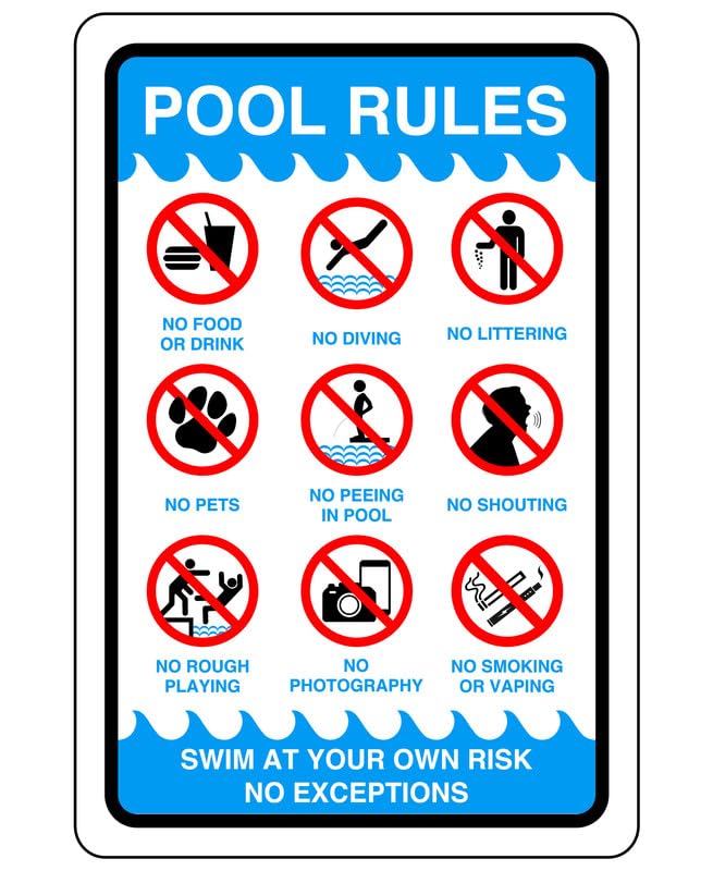 Pool rules - No swimming, No diving, No Sailing, Deep Water - 3mm Aluminum Dibond for indoor/outdoor usage (200mm x 150mm) 5m Viewing Distance.