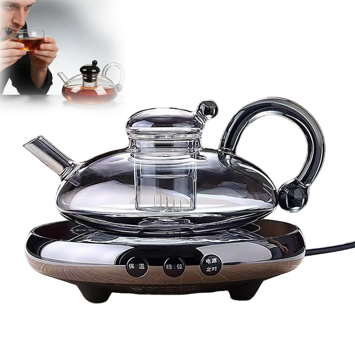 Glas-Teekannen-Set mit elektrischem Stövchen, 680 ml Glas-Teekanne und 2 Tassen, abnehmbares Teesieb, 1000 W Heizkeramikherd, für Loos-Tee- und Kaffee-Teekanne + 4 Tassen