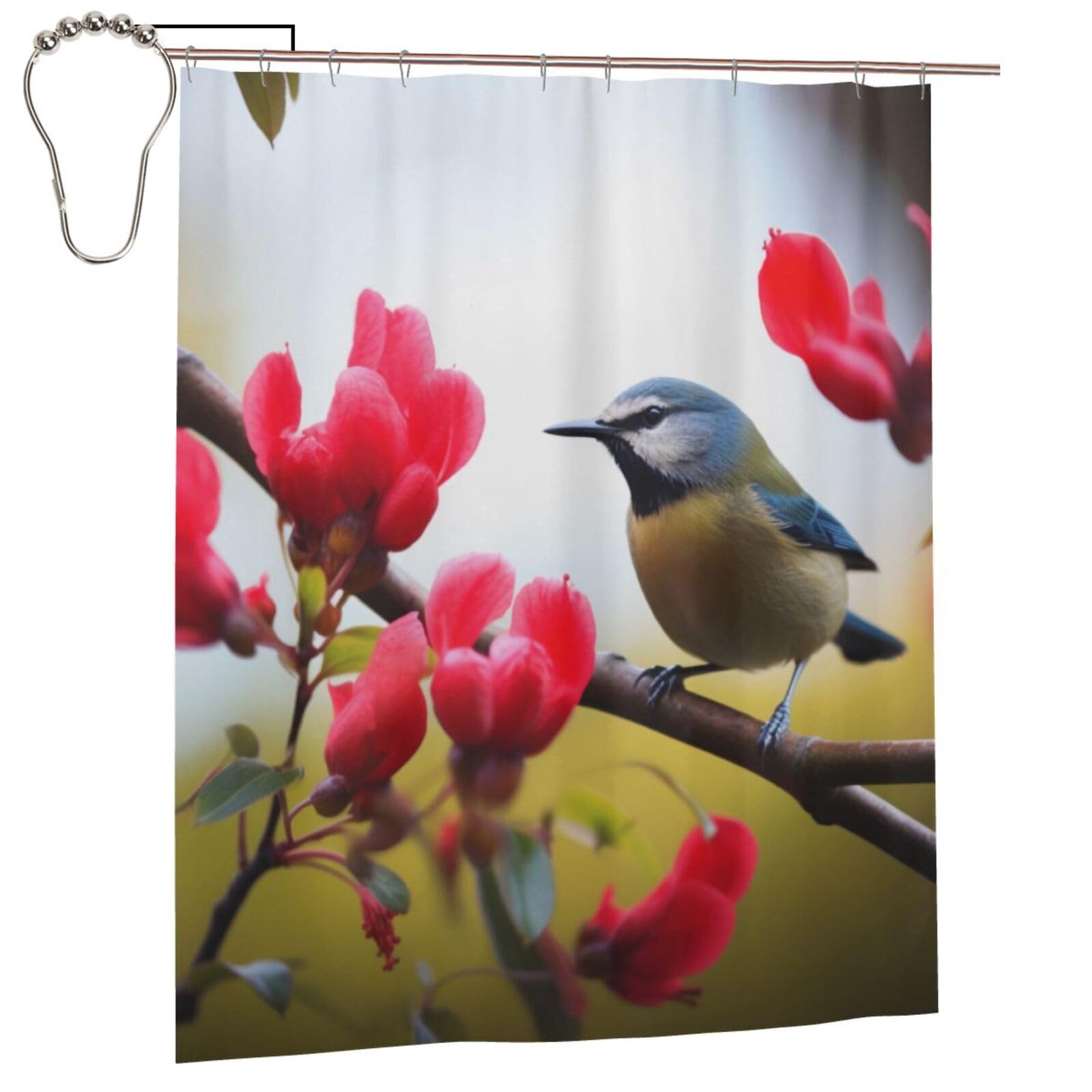 BWWHCCTI Bird and Red Flower Printed Shower Curtain With 12 Iron Hooks Opaque Quick Drying Waterproof Shower Curtains Sets For Bathroom 152x183 Cm