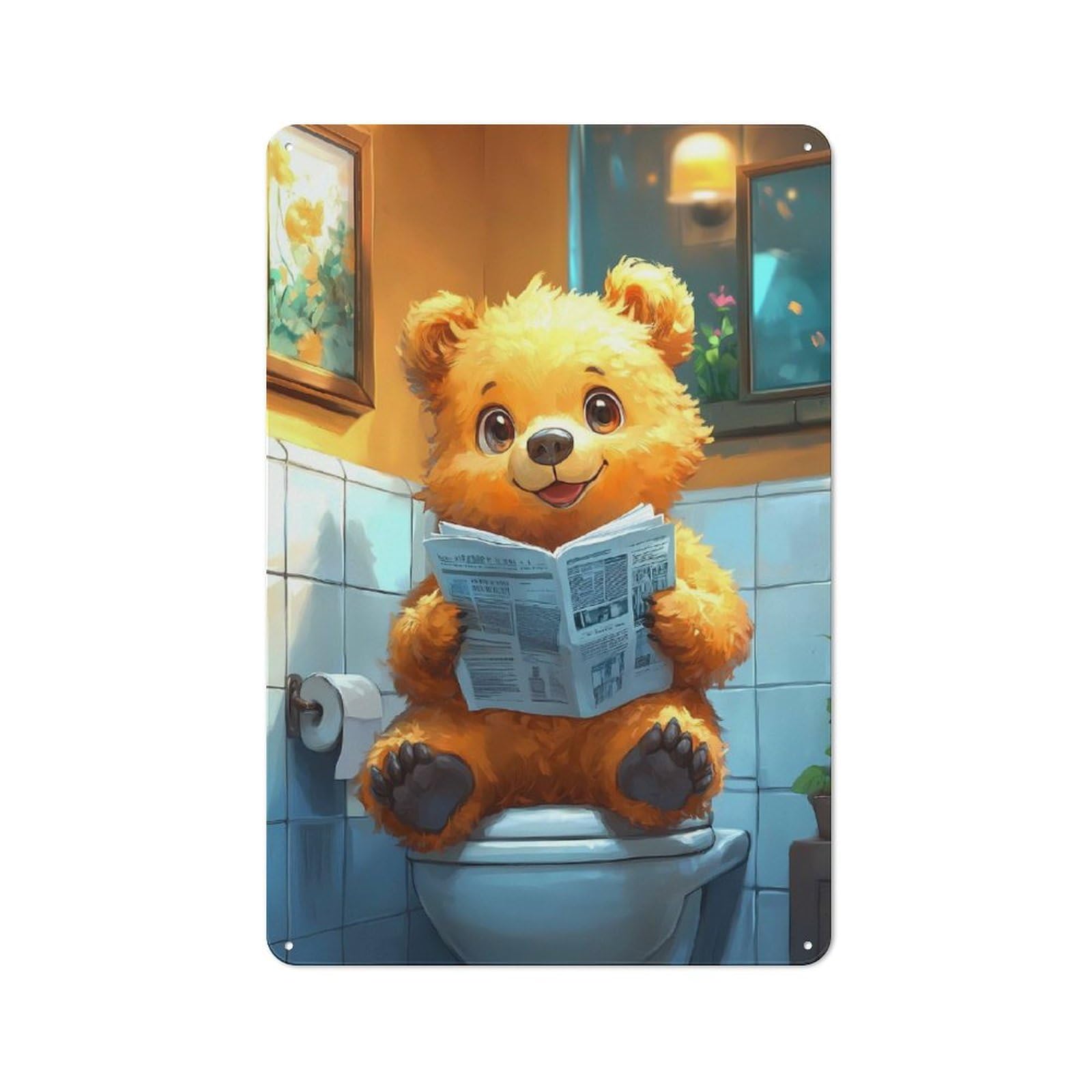 Junmoney Style-4 30X20cm Retro Metal Sign With Bear Reading Newspaper On Toilet Poster, Picture, Metal Print, Paint By Melvina Poole For Living Room Or Hallway, For Living Room Decor Lovers Refreshing A Room In Autumn