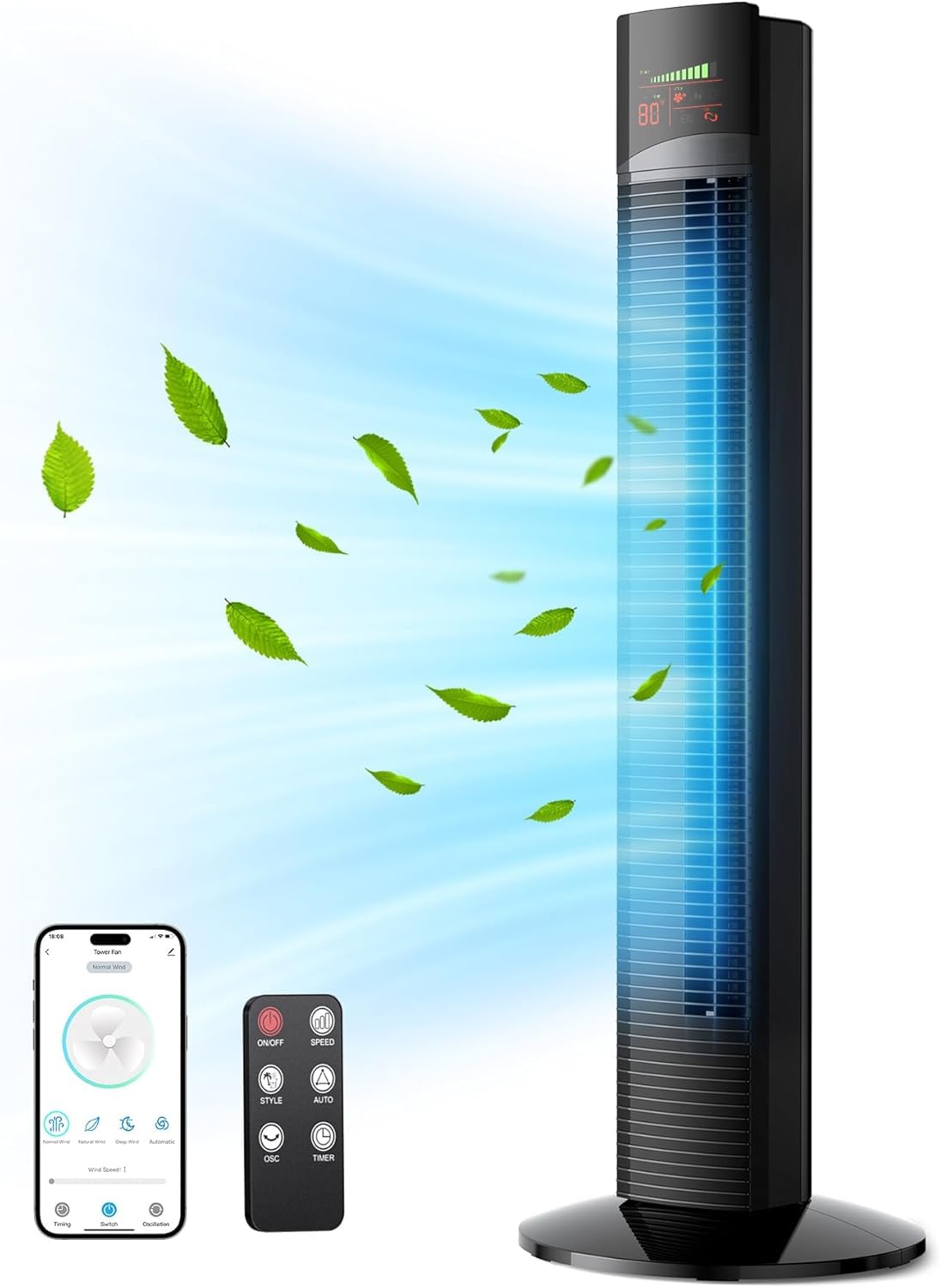 Mirdred Tower Fan with Remote, 36” Bladeless Fan, 70° Oscillating Fan for Bedroom, 3 Speeds, 3 Modes, 12H Timer, LED Display, Quiet Cooling Standing Floor Fans for Home Living Room Office, Black