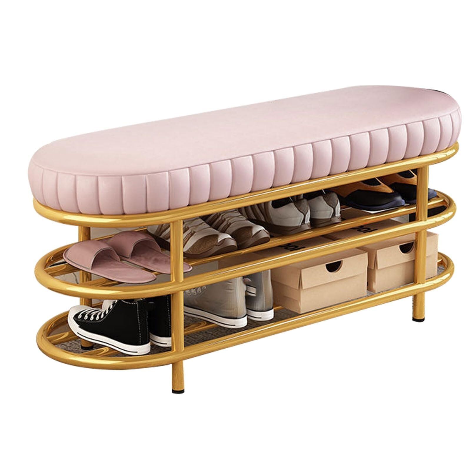Meuble à chaussures peu encombrant et banquette rose salon