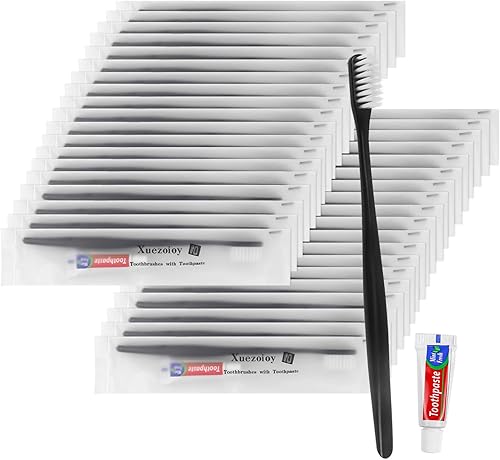 Miniatura 8 de Xuezoioy Cepillos de dientes desechables con pasta de dientes paquete de 150 unidades negro envuelto individualmente kit de cepillos de dientes