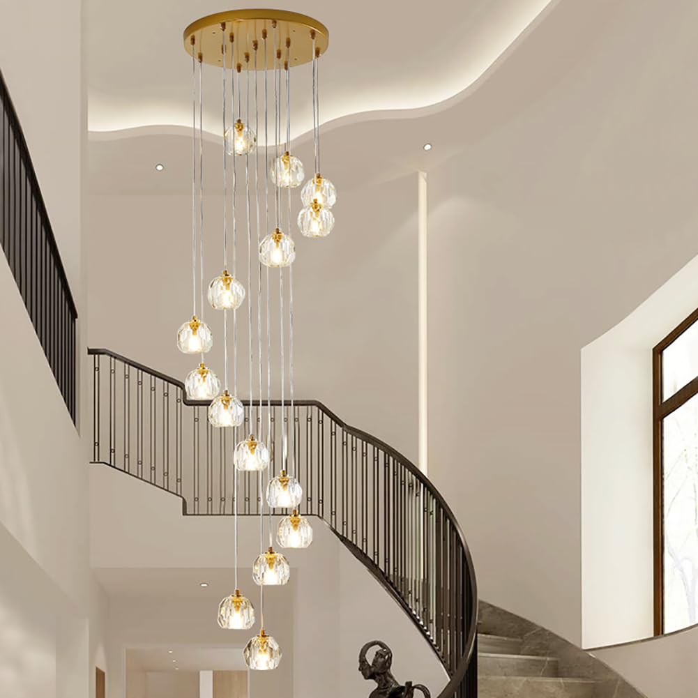 THKSGIV Modern Crystal Staircase Chandelier for High Ceiling,K9 Ceiling Light,Adjustable Height,G9 Bulb(include),Large Long Staircase,Villa,Foyer(6L 30 * 120cm, Bronze)